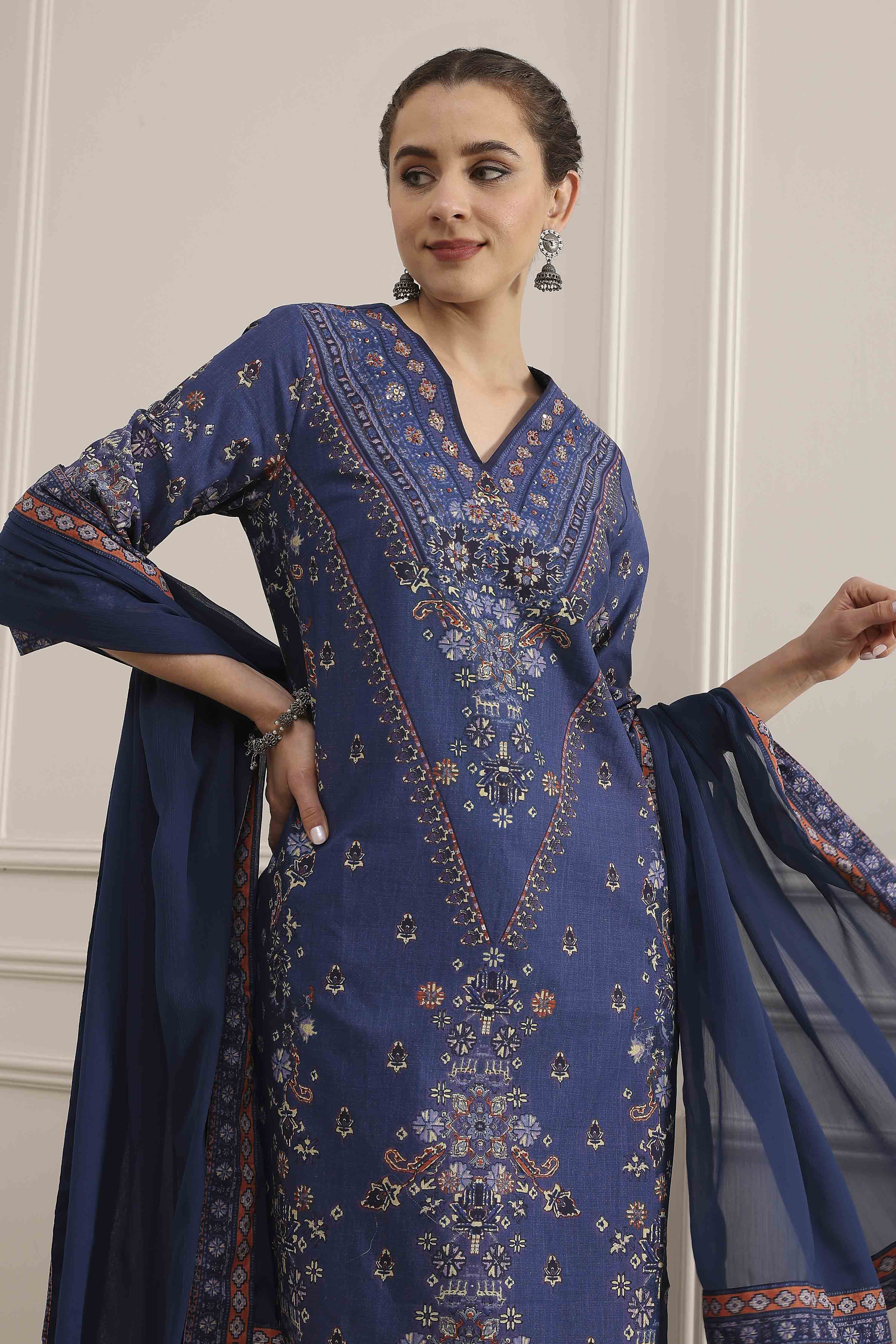 Blue Cotton Straight Printed Suit Set image number 7