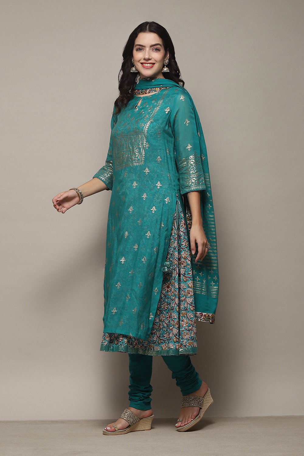 Off White Cotton Layered Printed Kurta Churidar Suit Set image number 4