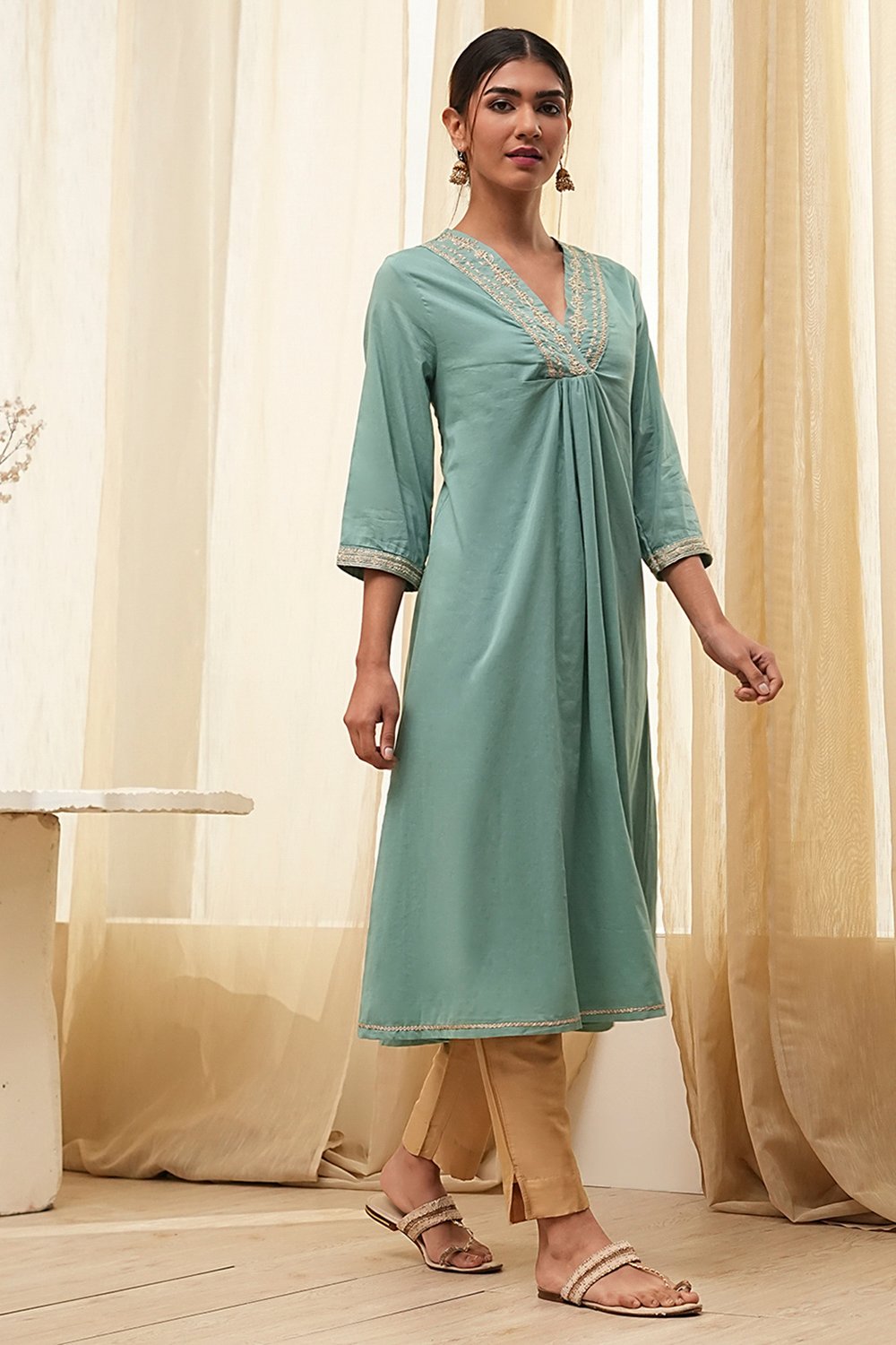 Dull Blue Pure Cotton Gathered Kurta image number 4