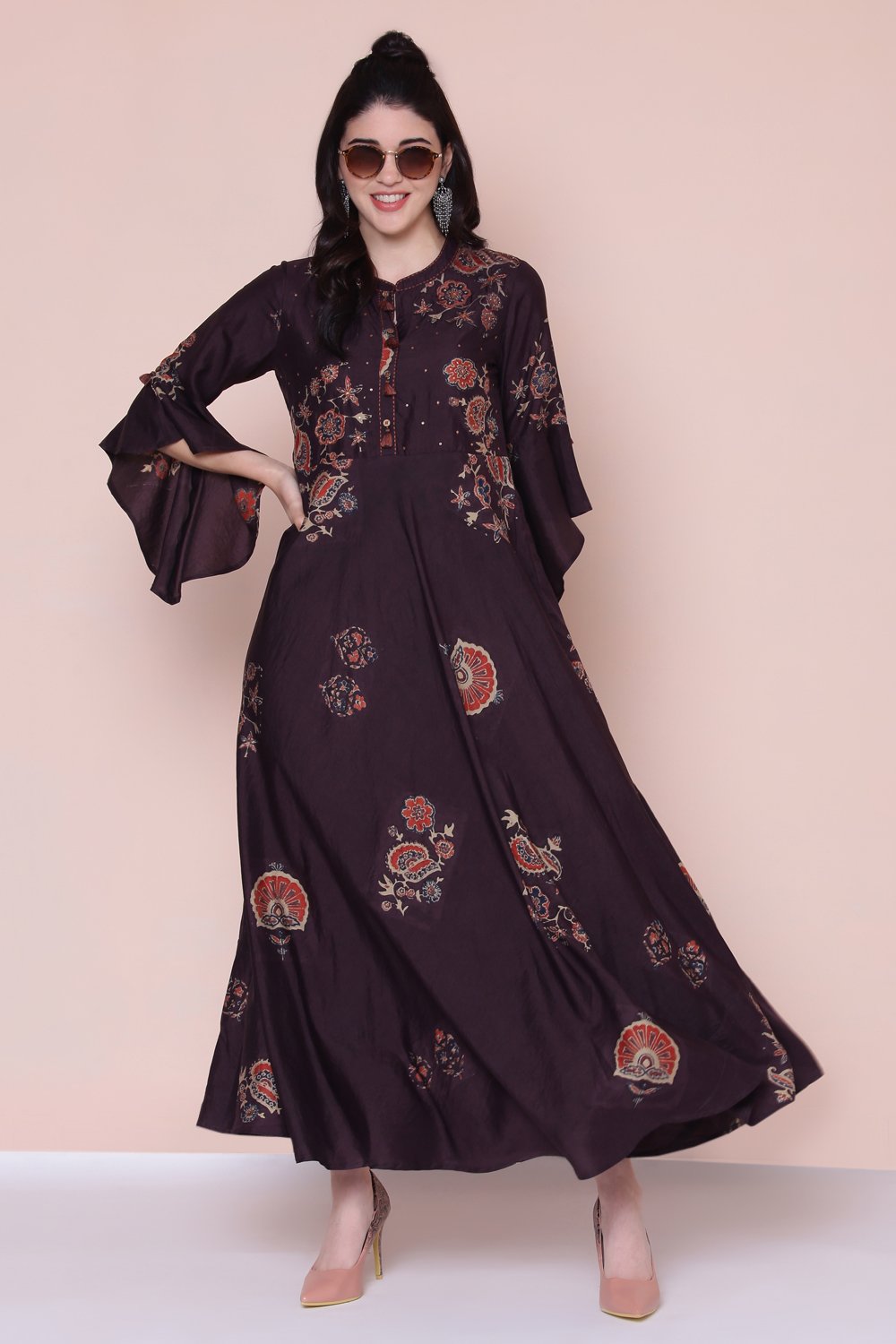 Brown Cotton Fusion Wear Dress image number 3