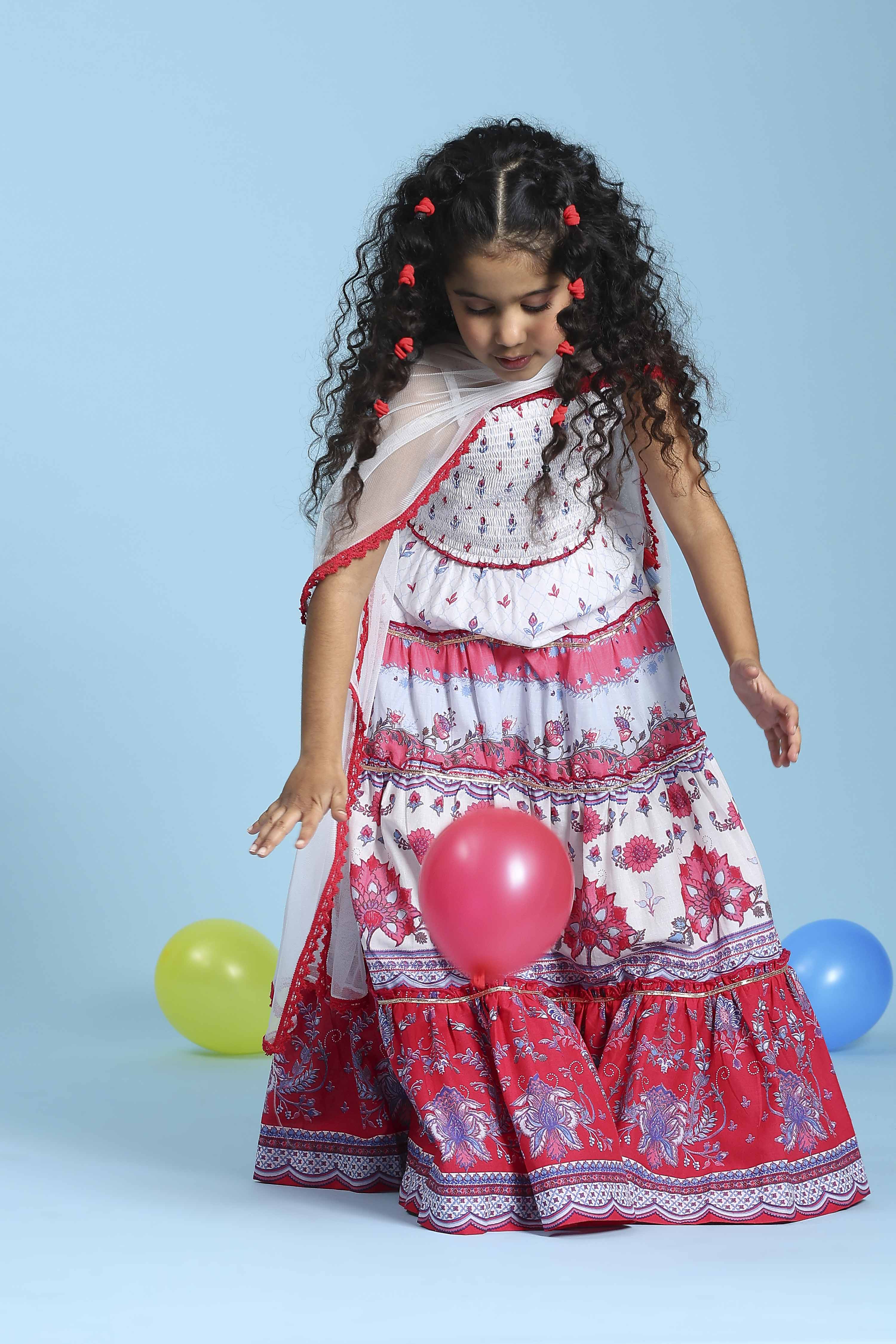 White Cotton Printed Regular Lehenga Set image number 0