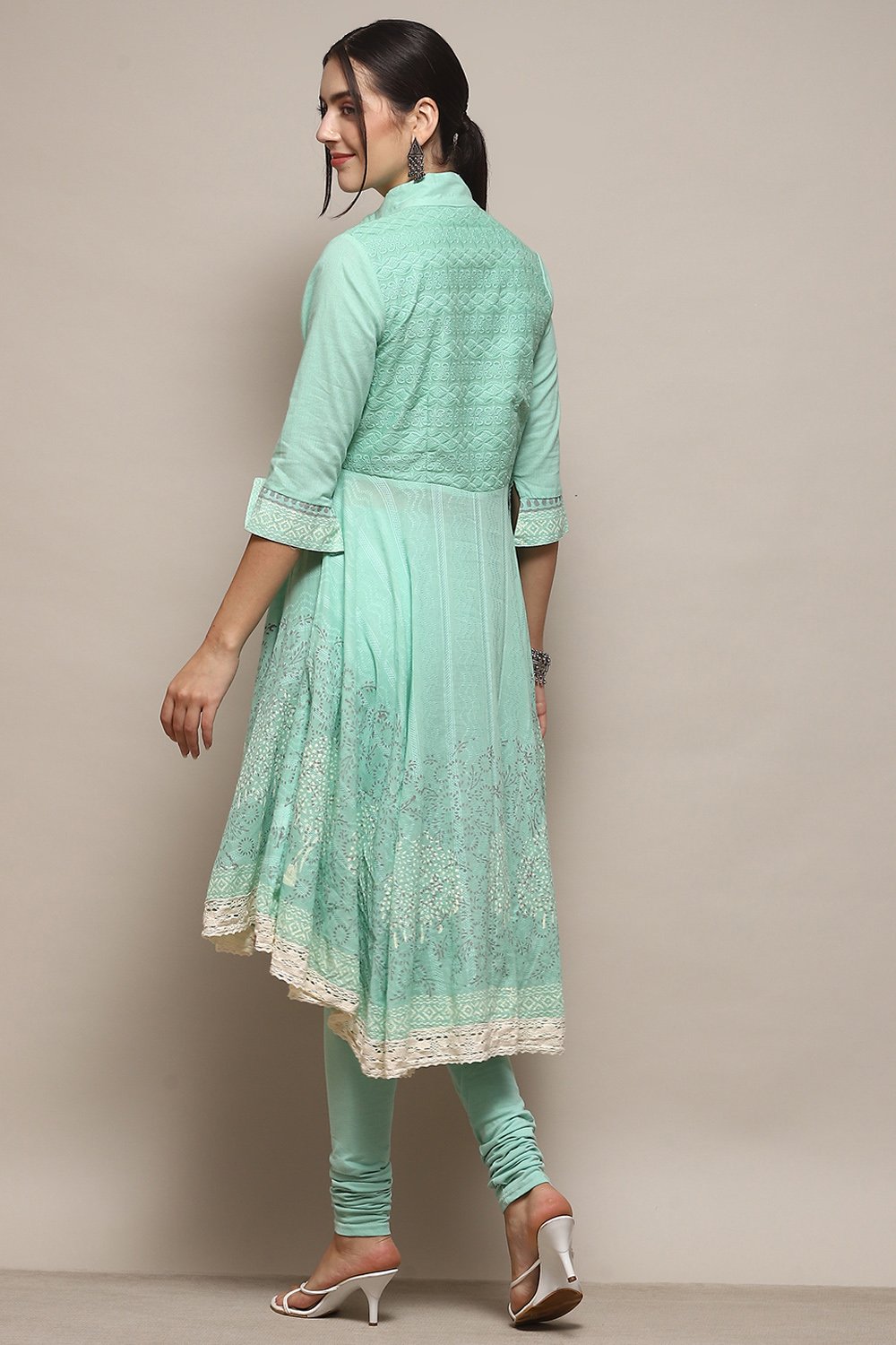 White Cotton Asymmetric Anarkali & Churidar Suit Set image number 5