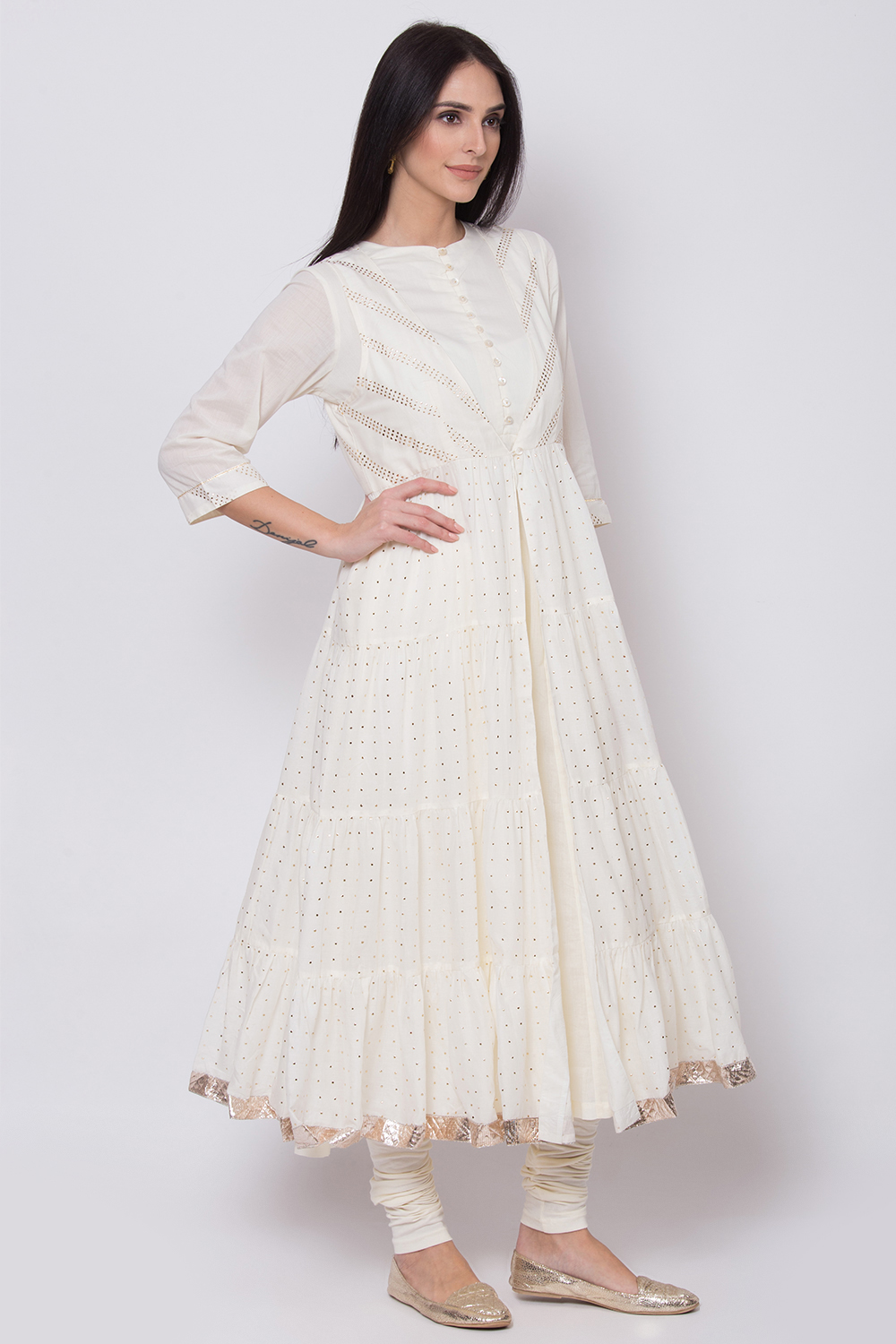 Off White Cotton Front Open Kurta Churidar Suit Set image number 3