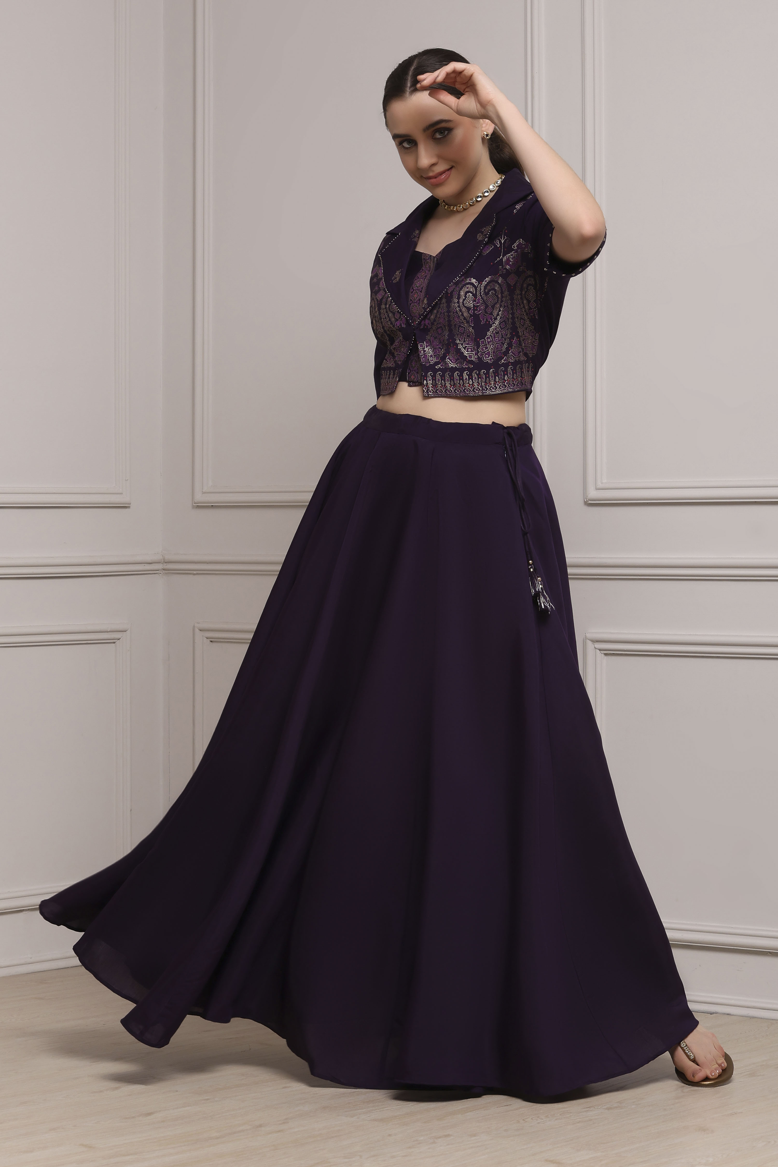 Purple Viscose Blend Printed Fusion Set image number 0