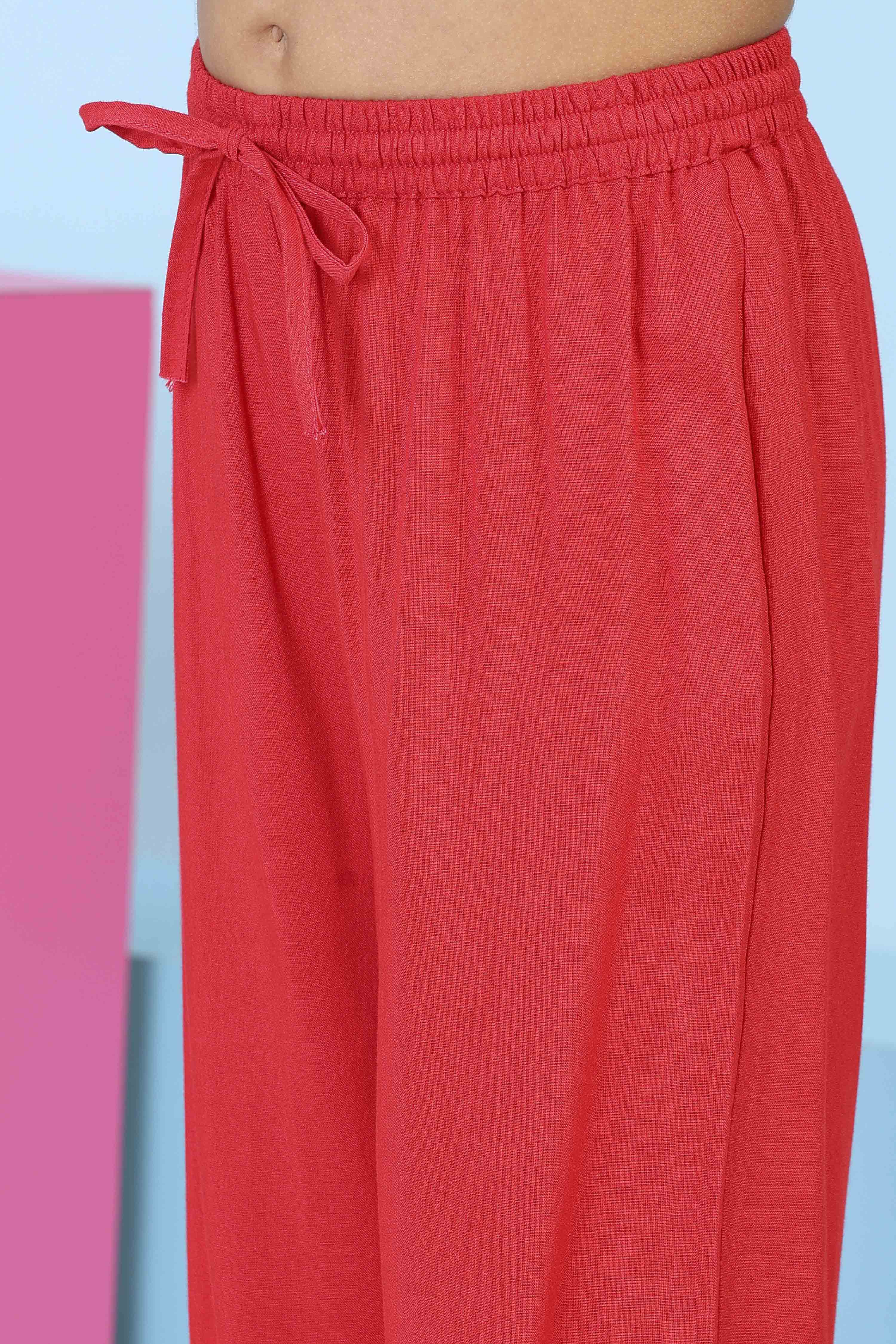 Red Cotton Printed Straight Suit Set image number 2