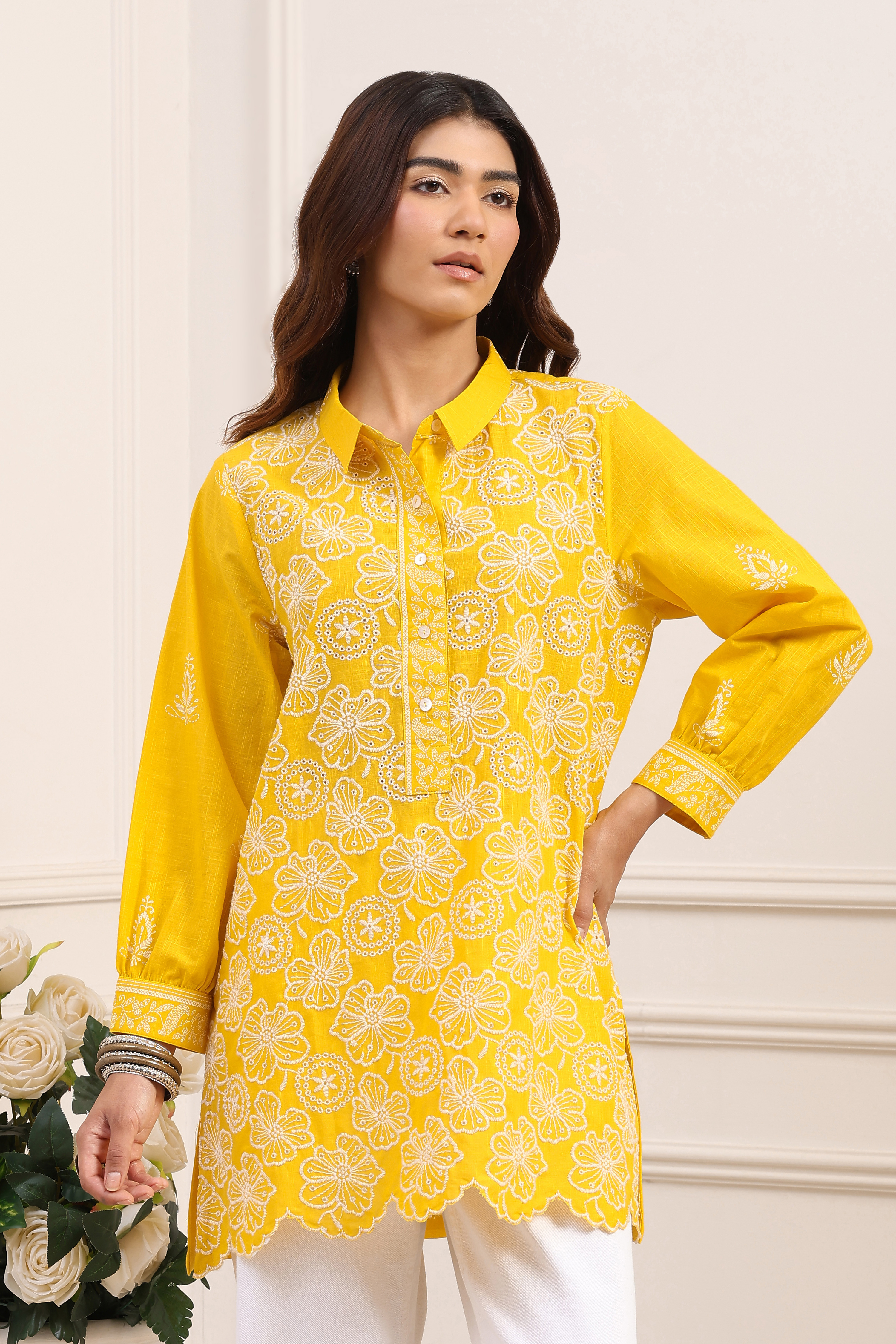 Yellow Cotton A-Line Short Kurti image number 5