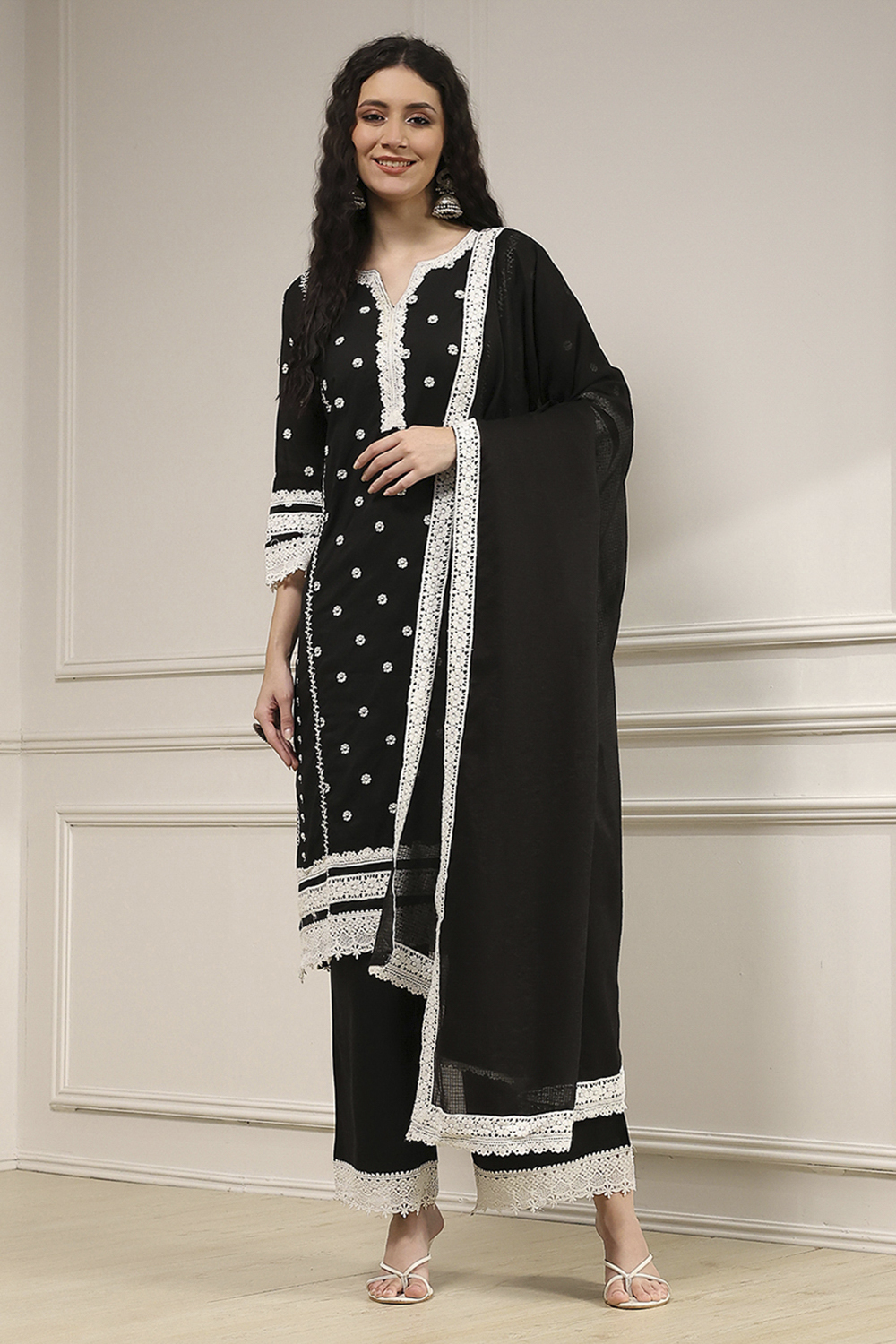 Black Chanderi Embroidered Straight Suit Set image number 6