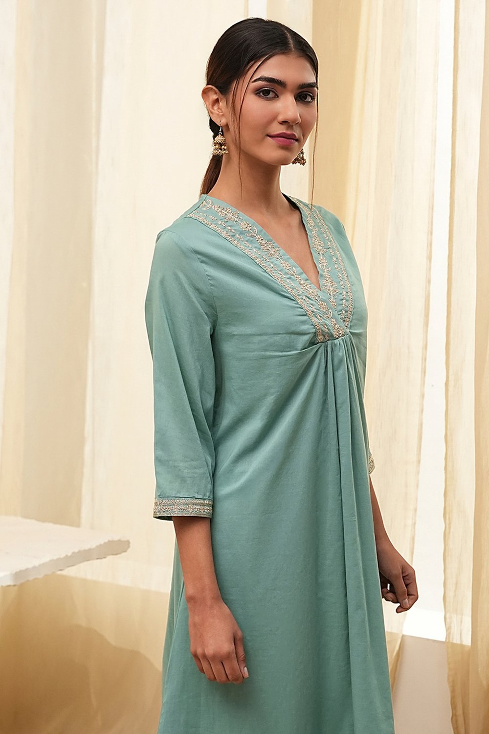 Dull Blue Pure Cotton Gathered Kurta image number 1