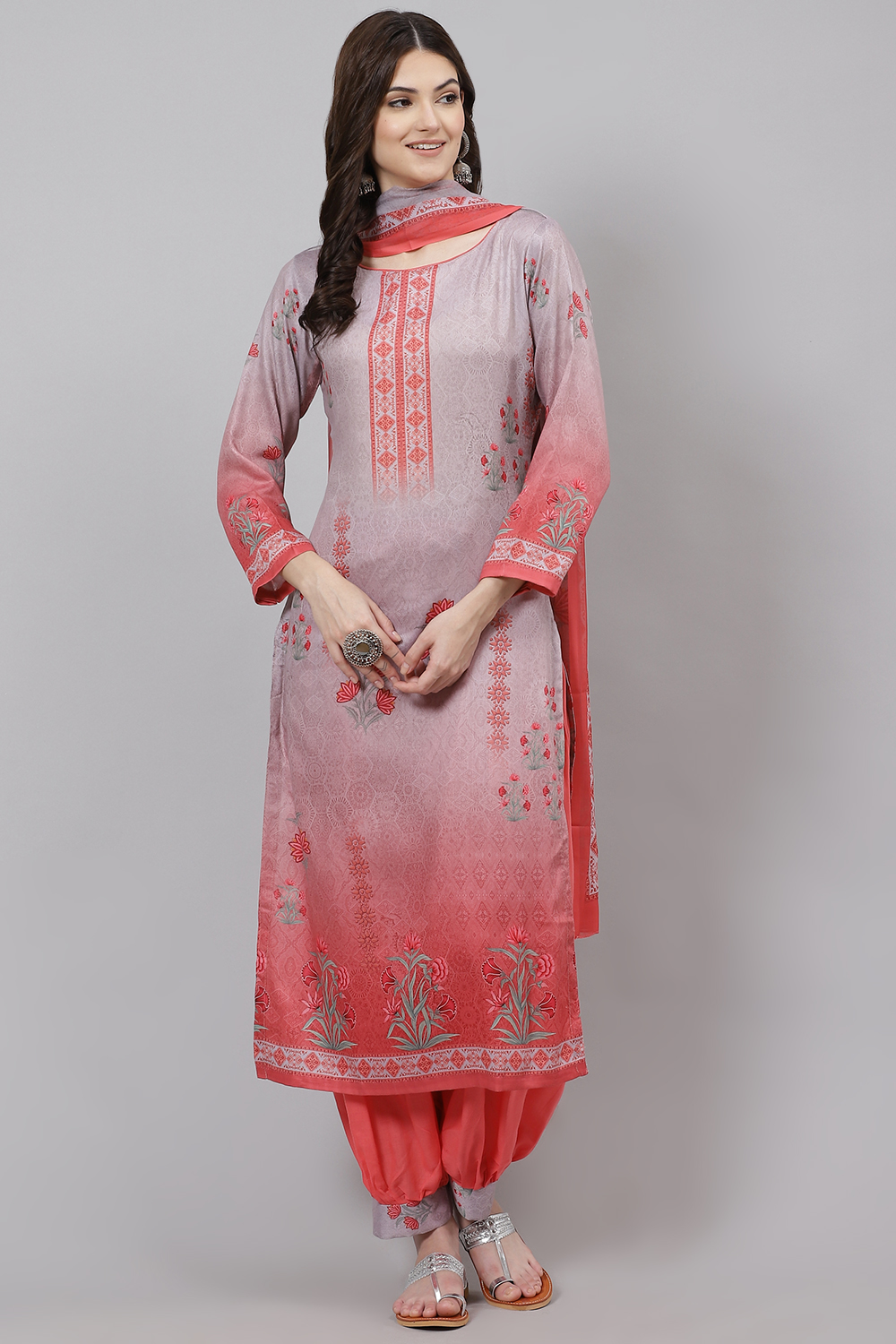 Off White Poly Spun Digital Print Unstitched Suit Set image number 3