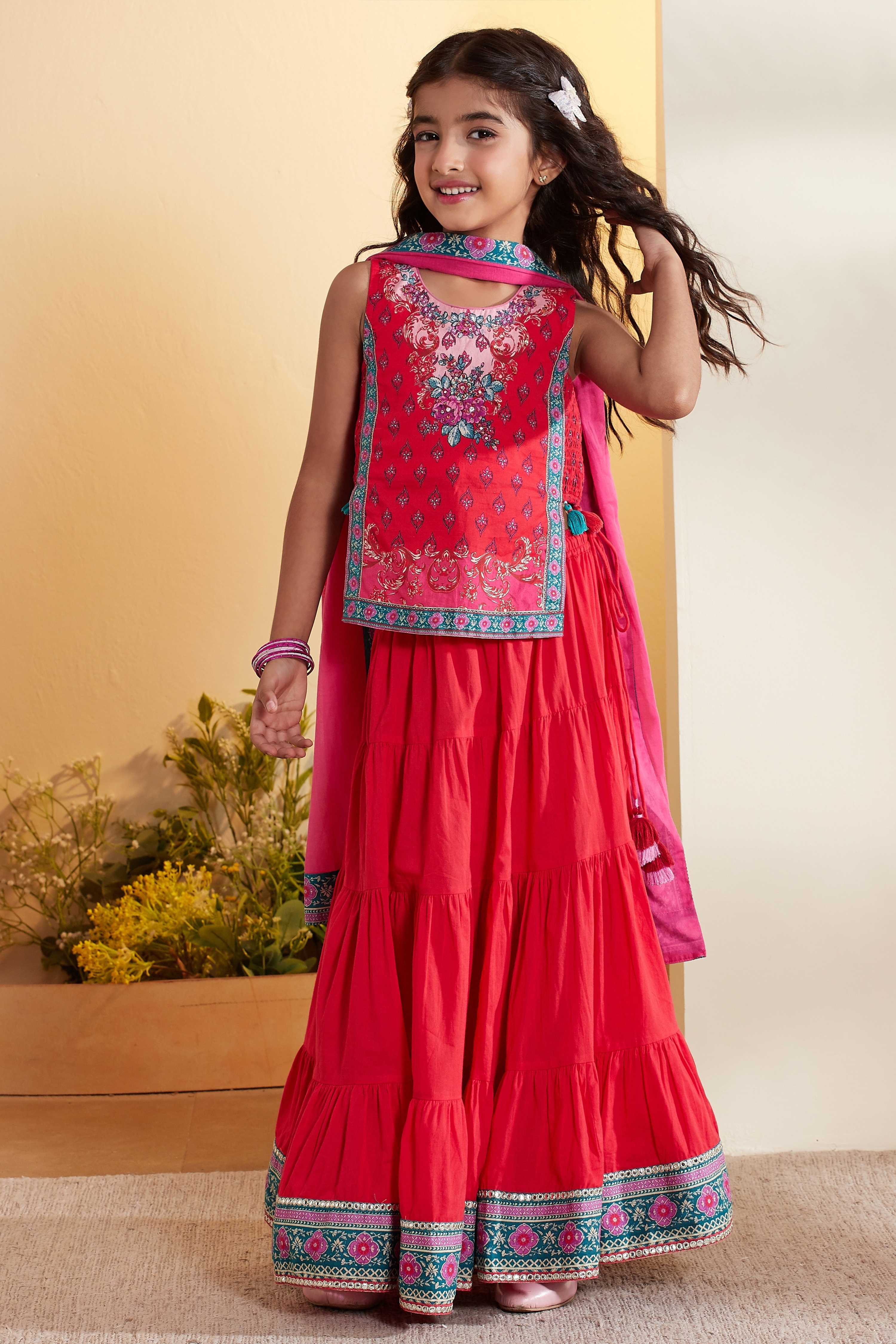 Red Cotton Floral Printed Tiered Lehenga Set image number 6