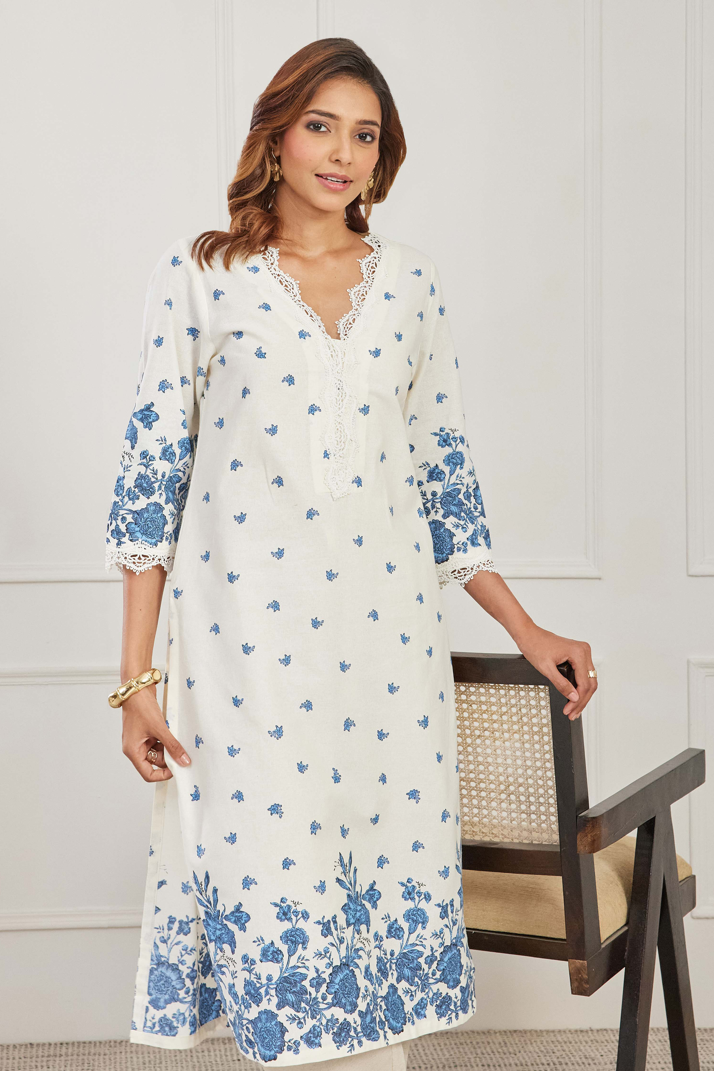 Blue Cotton Straight Kurta image number 6