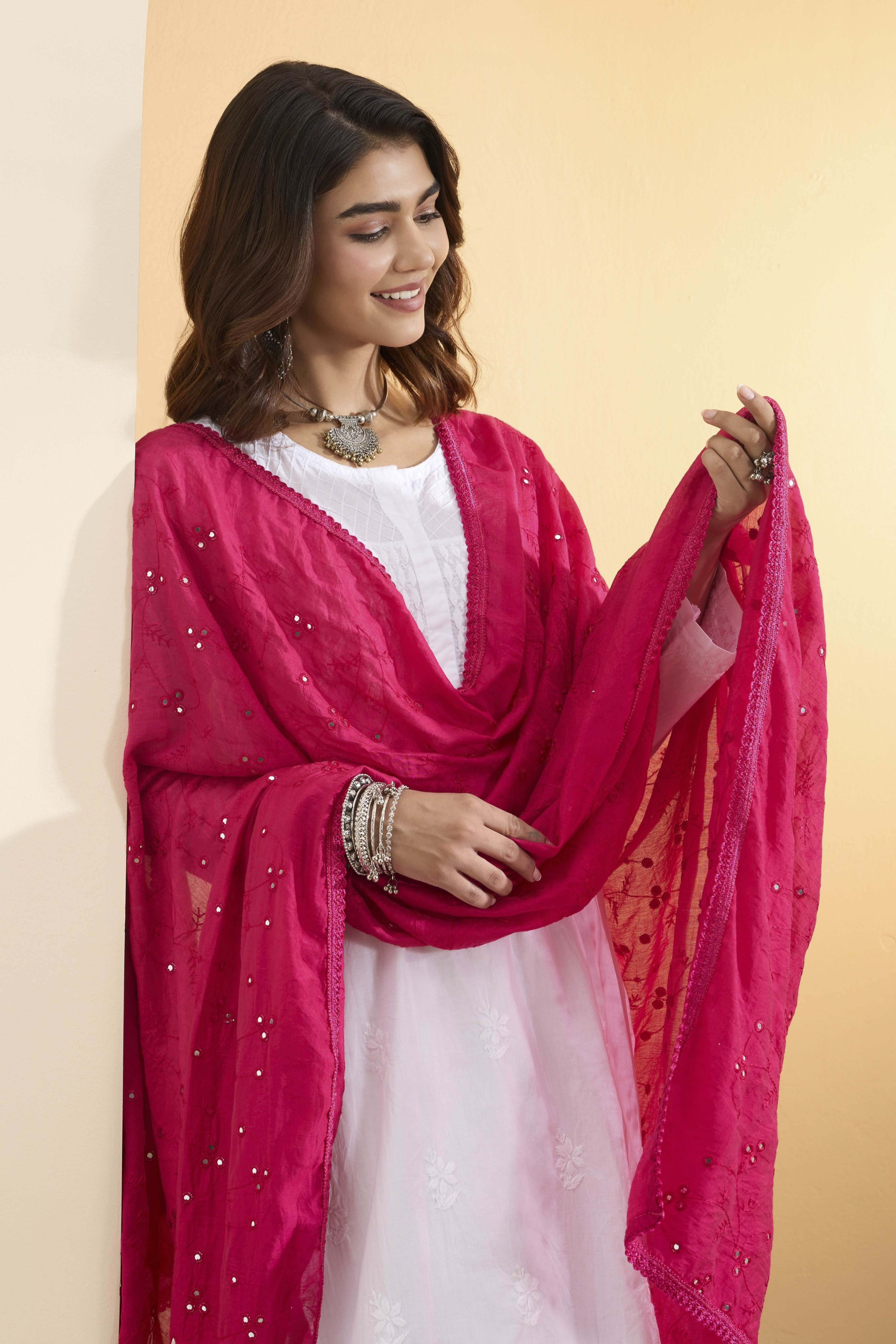 Pink Poly Mirrorwork Dupatta image number 2