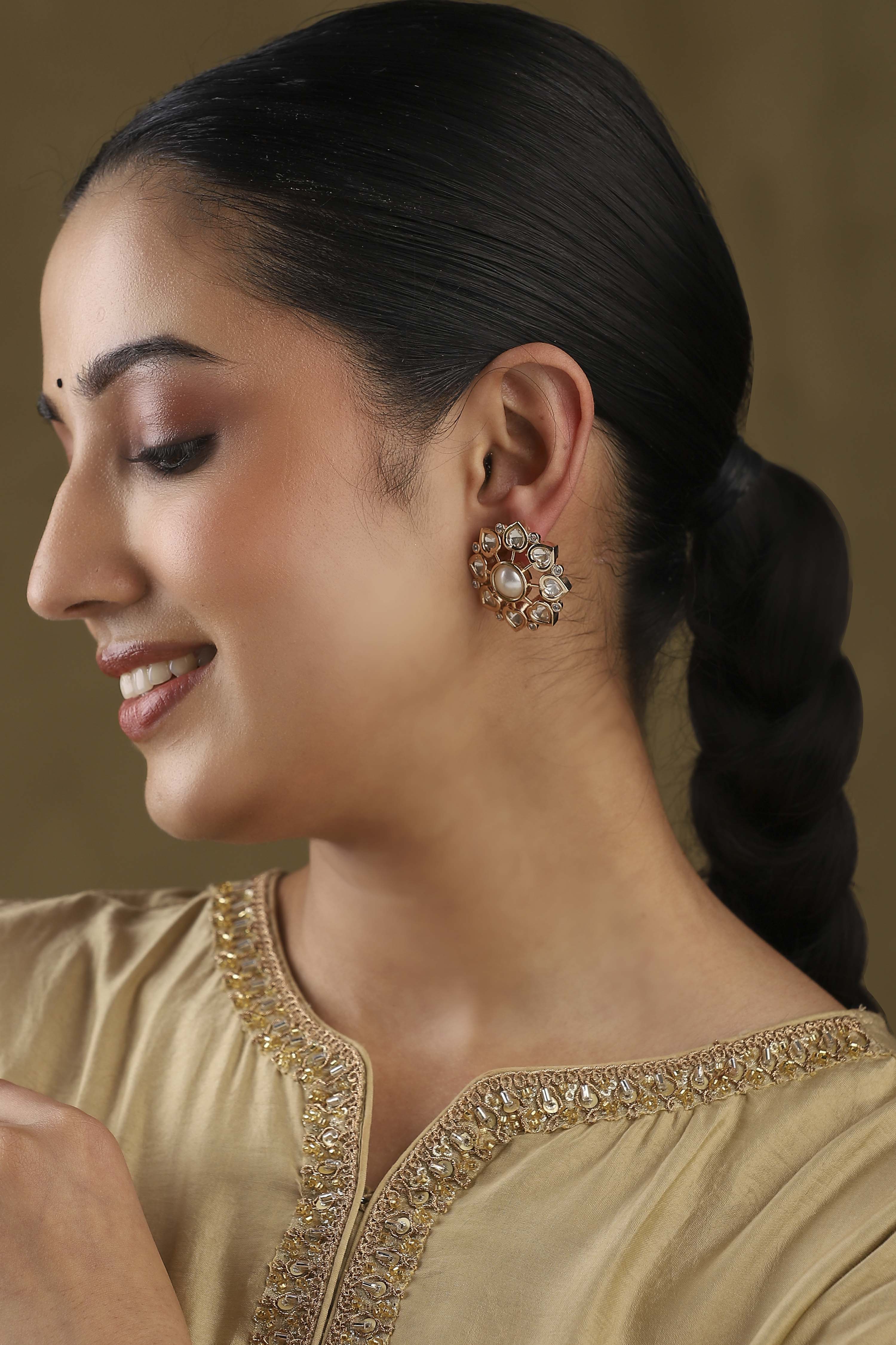 White Gold Plated Brass Floral Stud Earrings image number 3