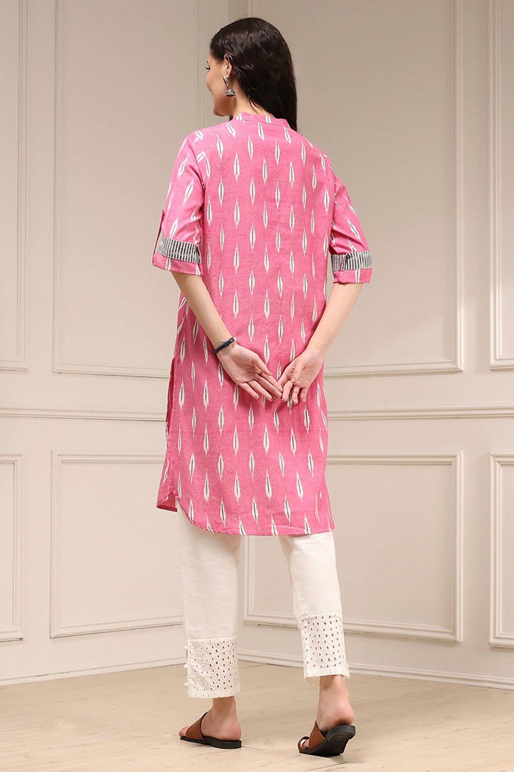 Pink Cotton Straight Yarndyed Kurta image number 3