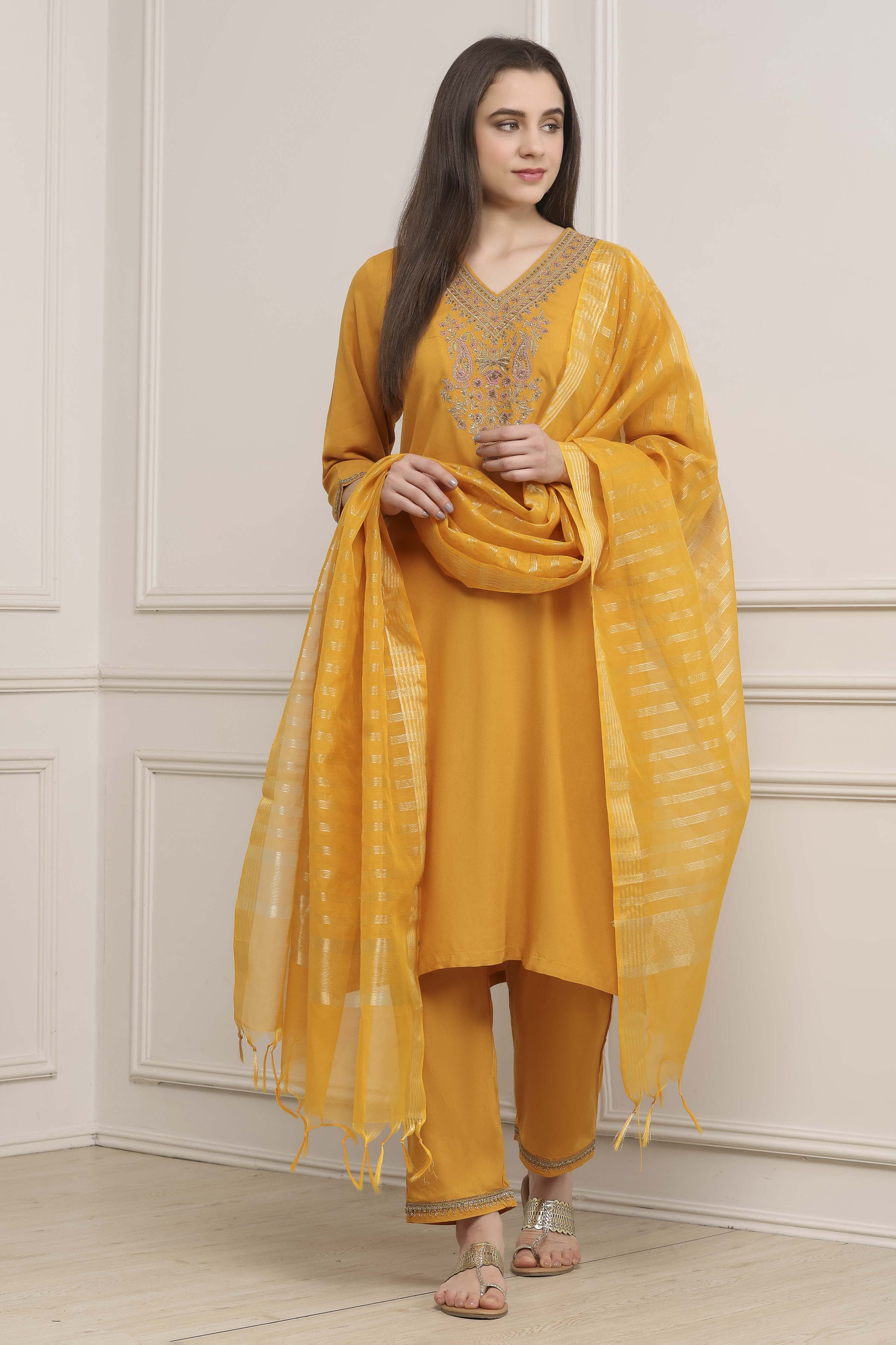Yellow Viscose Rayon Straight Suit Set image number 6