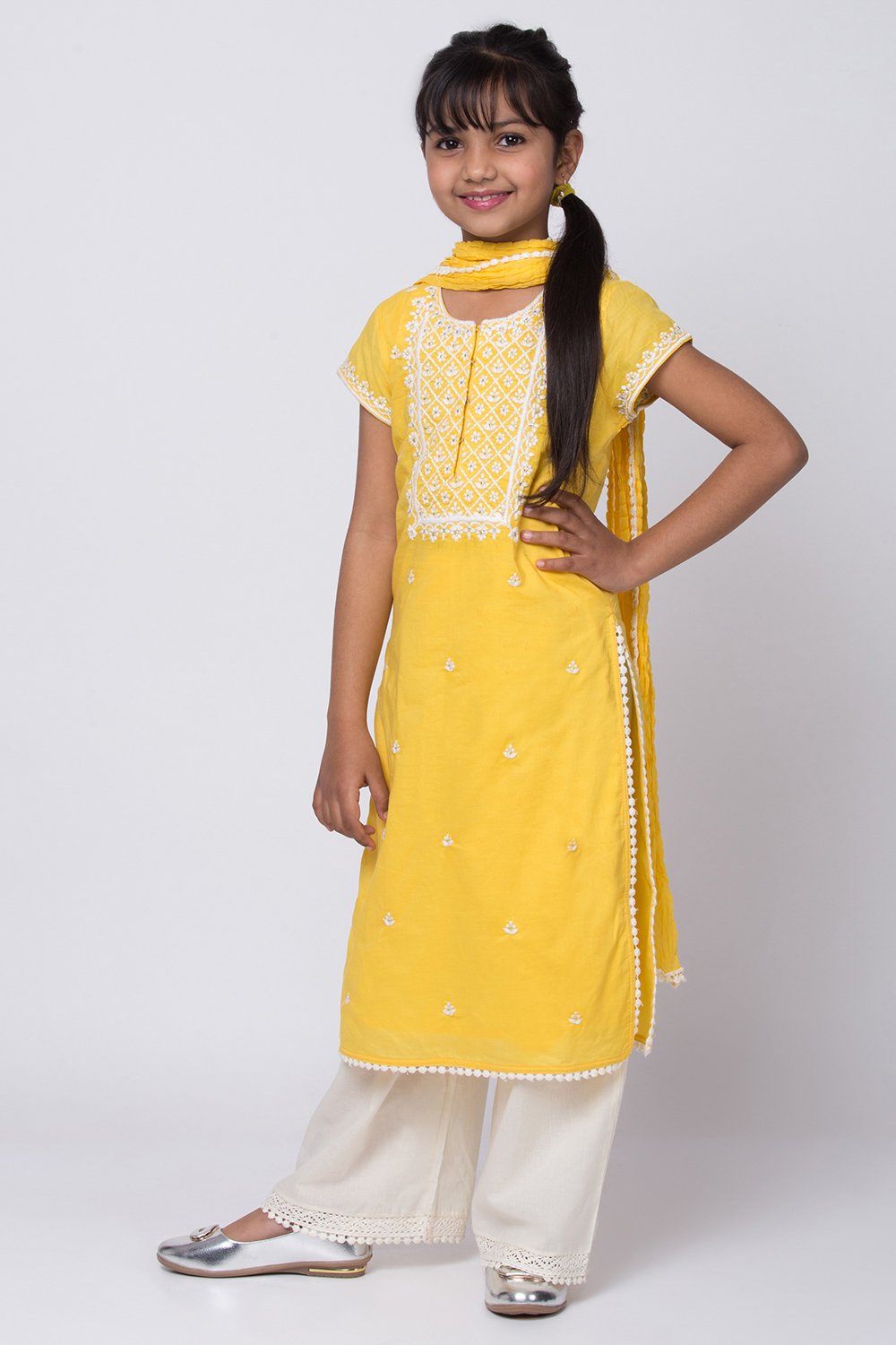 Yellow Cotton Chikankari Straight Kurta Palazzo Suit Set image number 2