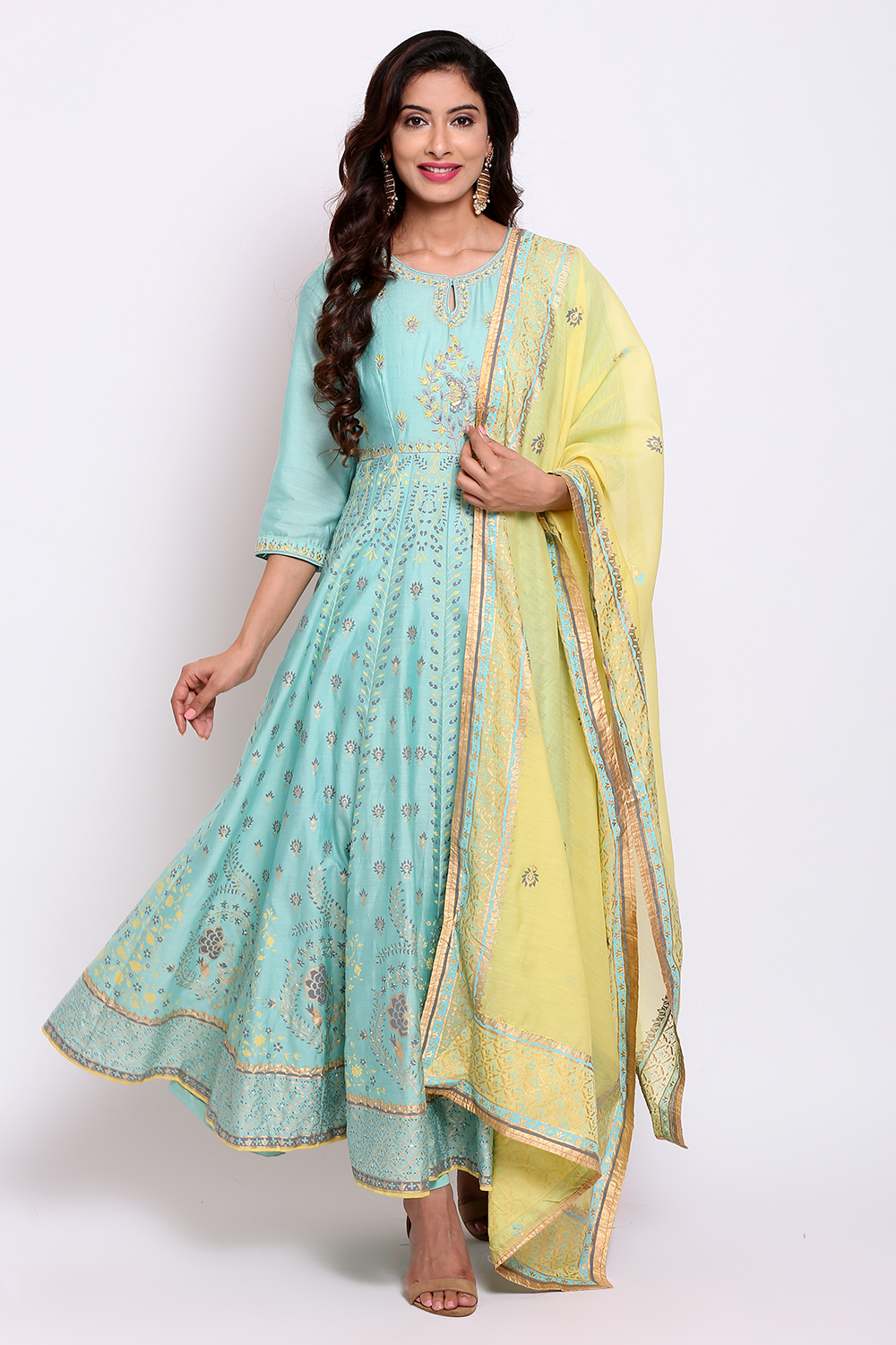 Sky Blue Cotton Silk Anarkali Kurta Churidar Suit Set image number 0