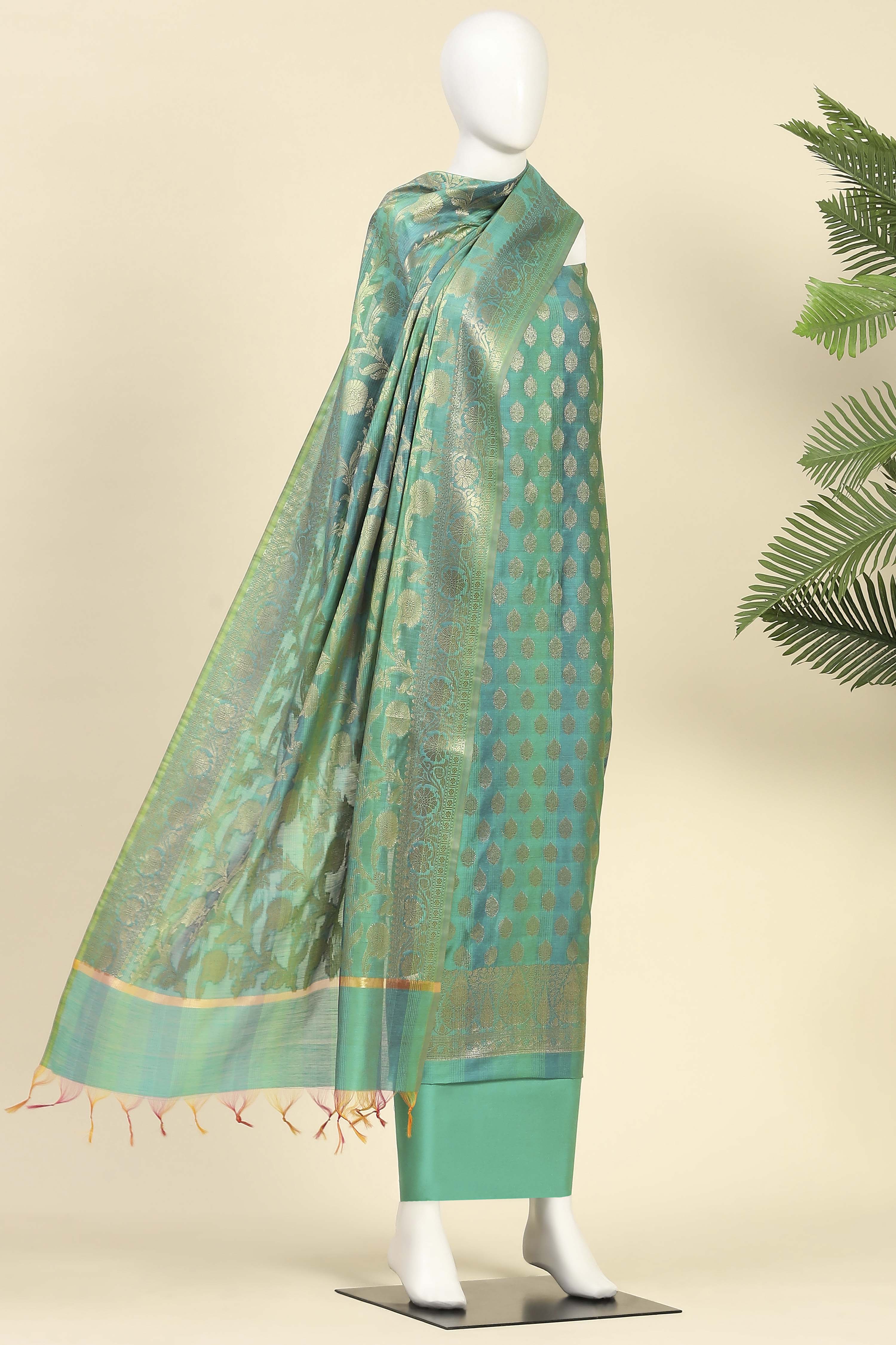 Firozi Chanderi Gold Motif Unstitched Suit Set image number 4