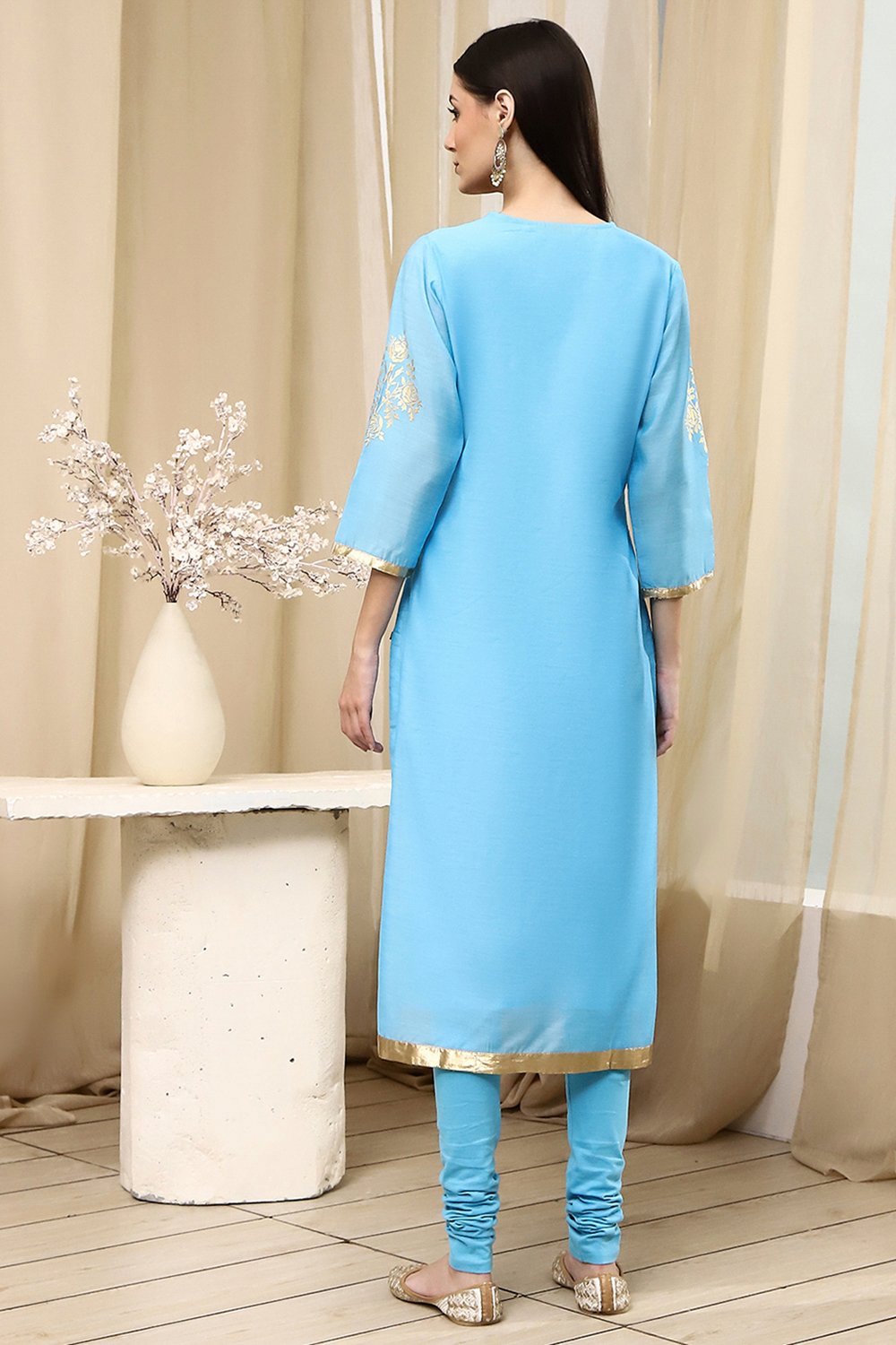 Mehendi Green Poly Chanderi Straight Suit Set image number 4