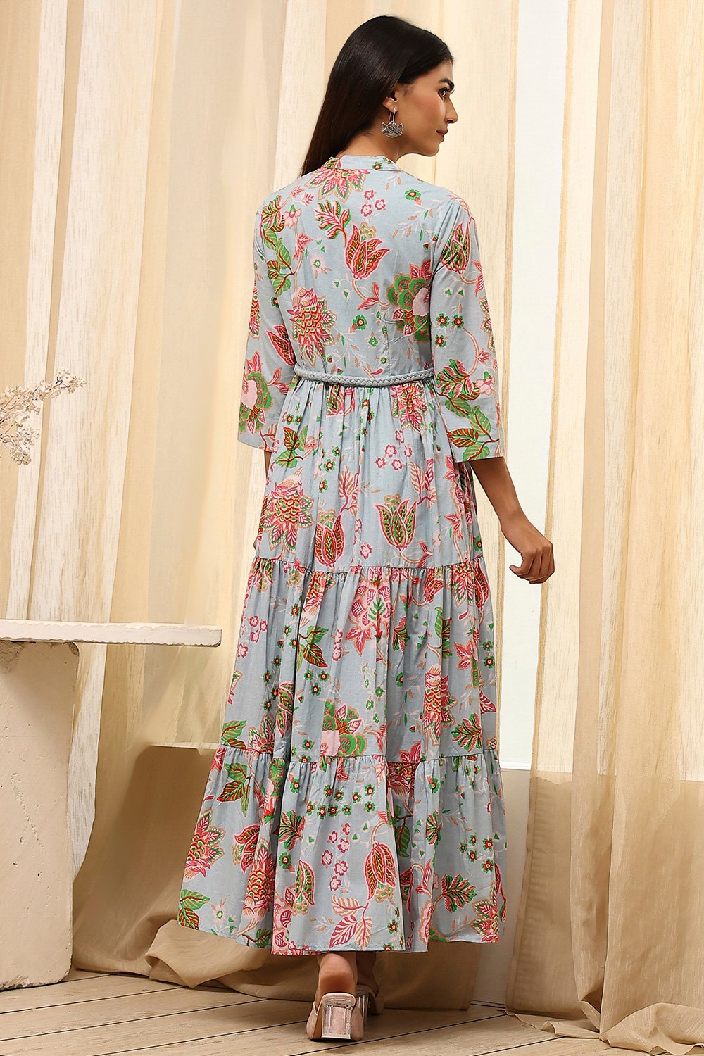 Earthy Blue Cotton Floral Tiered Dress image number 4