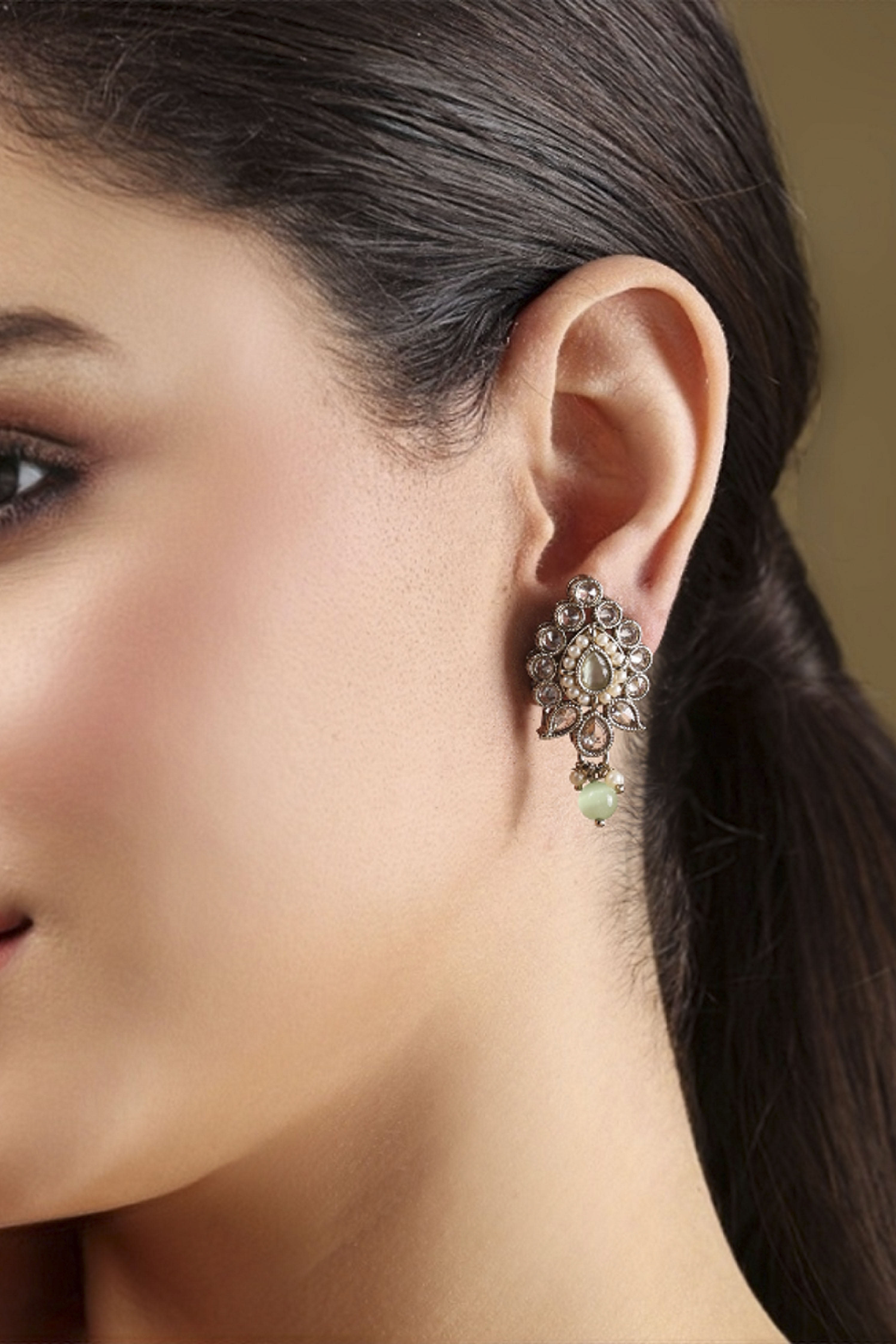 Green Gold Plated Alloy Studded Drop Earrings image number 1