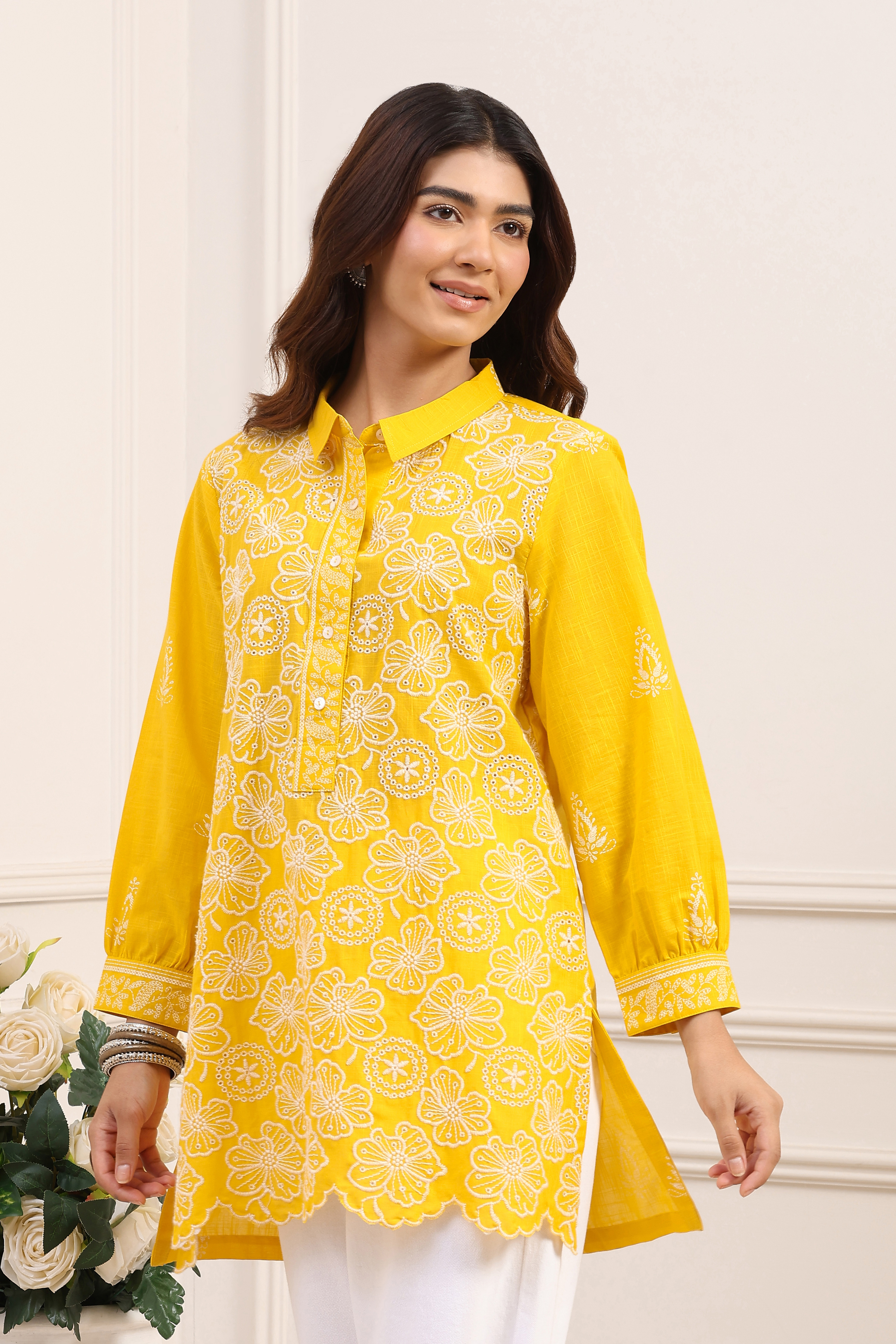 Yellow Cotton A-Line Short Kurti image number 2