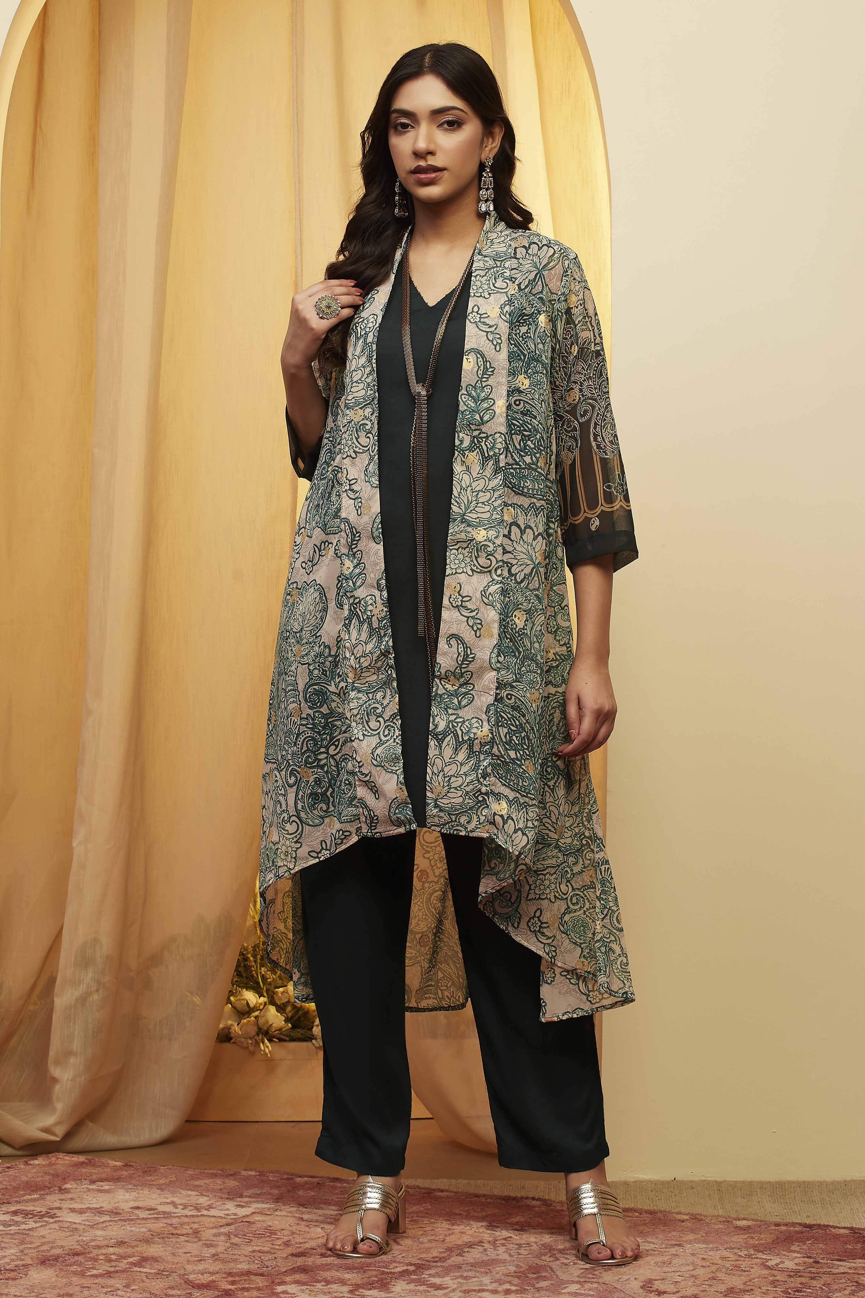 Green Viscose Rayon Straight Fusion Set image number 7