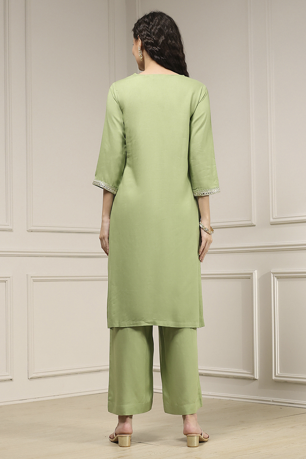 Sage Green Viscose Rayon Straight Solid Suit Set image number 4
