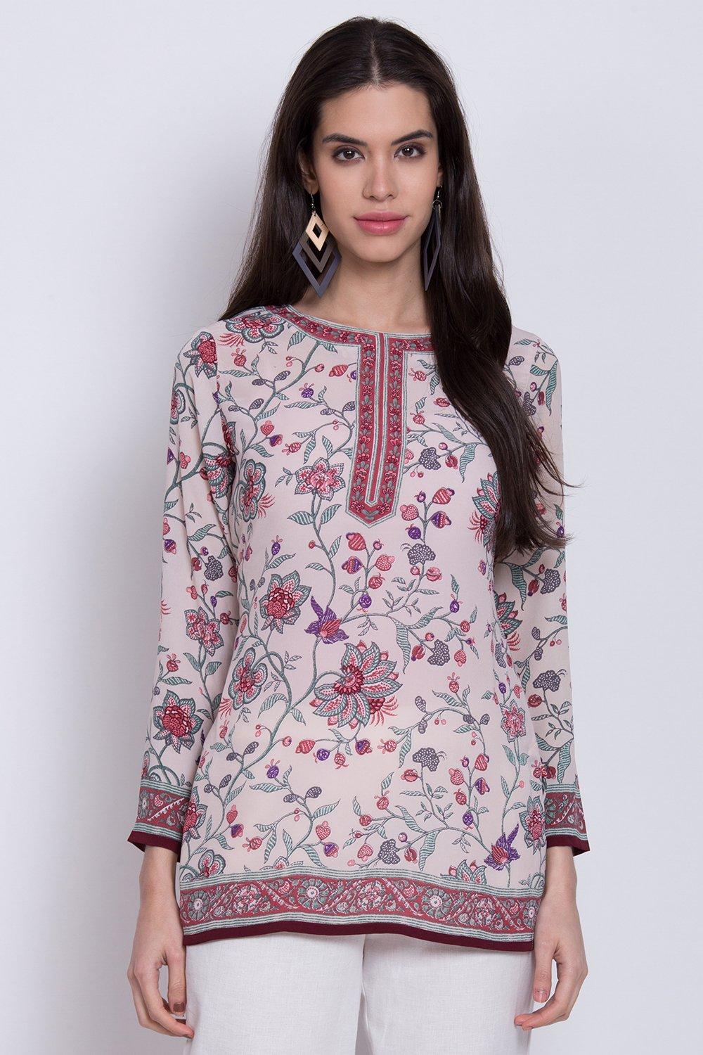 Blue Art Silk Straight Printed Kurti image number 0