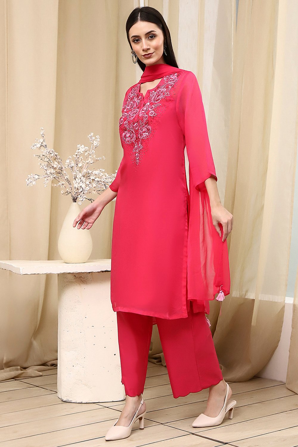 Fuchsia Embroidered Straight Suit Set image number 3