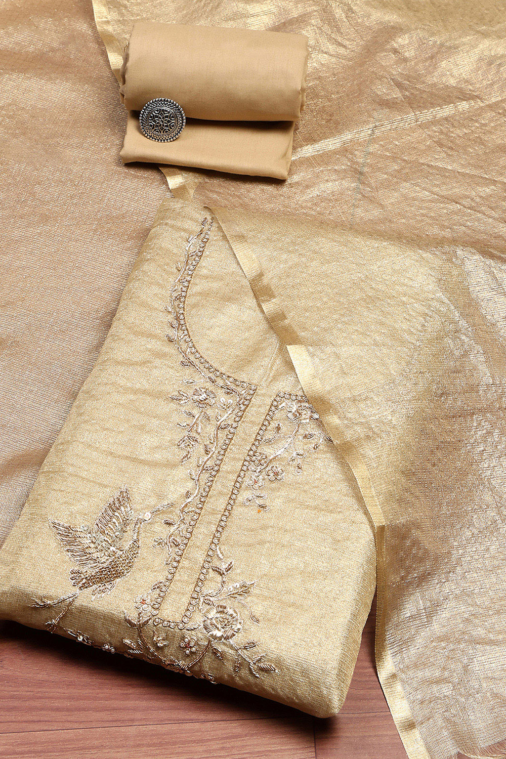 Gold Cotton Hand Embroidered Unstitched Suit Set image number 0