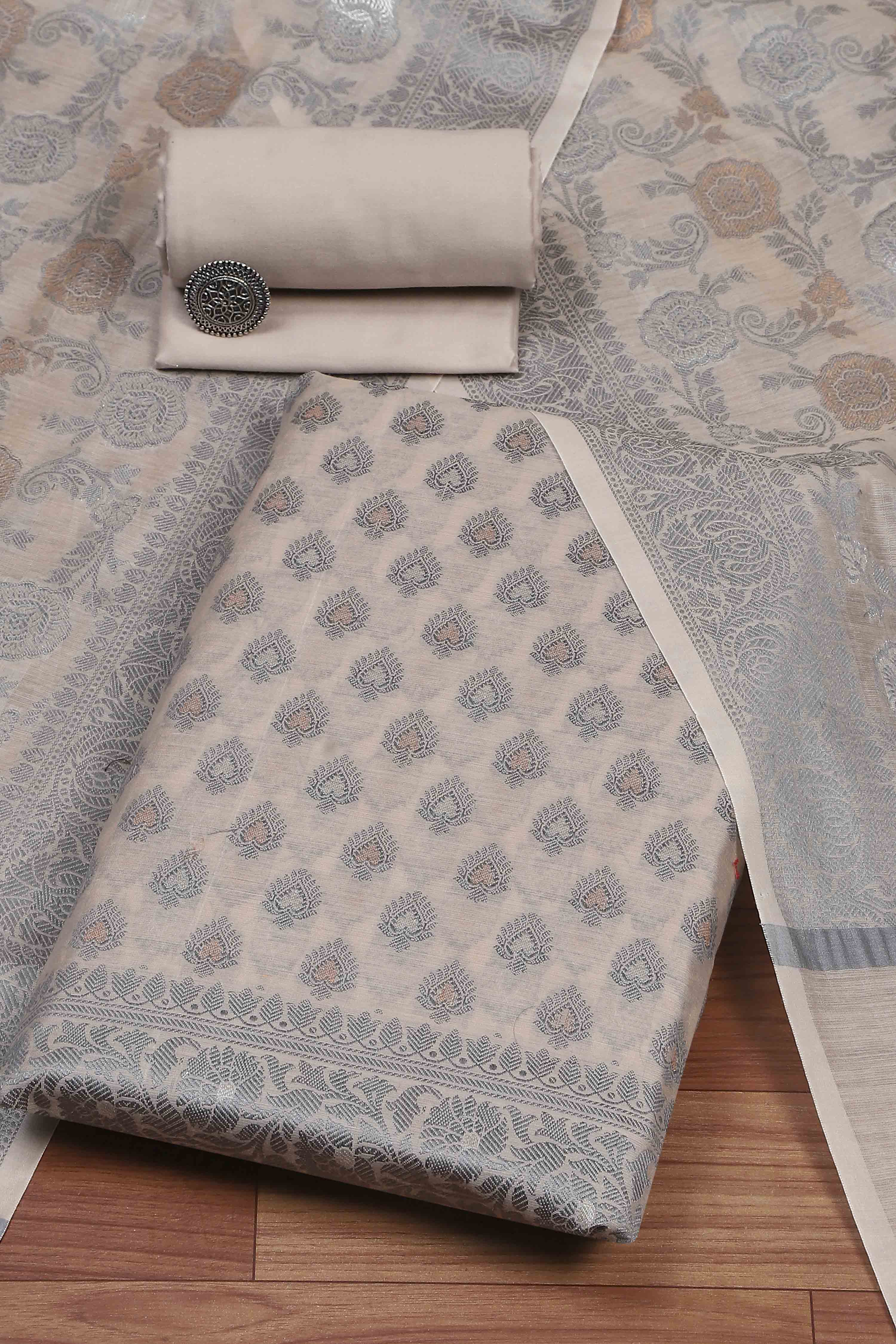 Beige Cotton Printed Embroidered Unstitched Suit Set image number 0