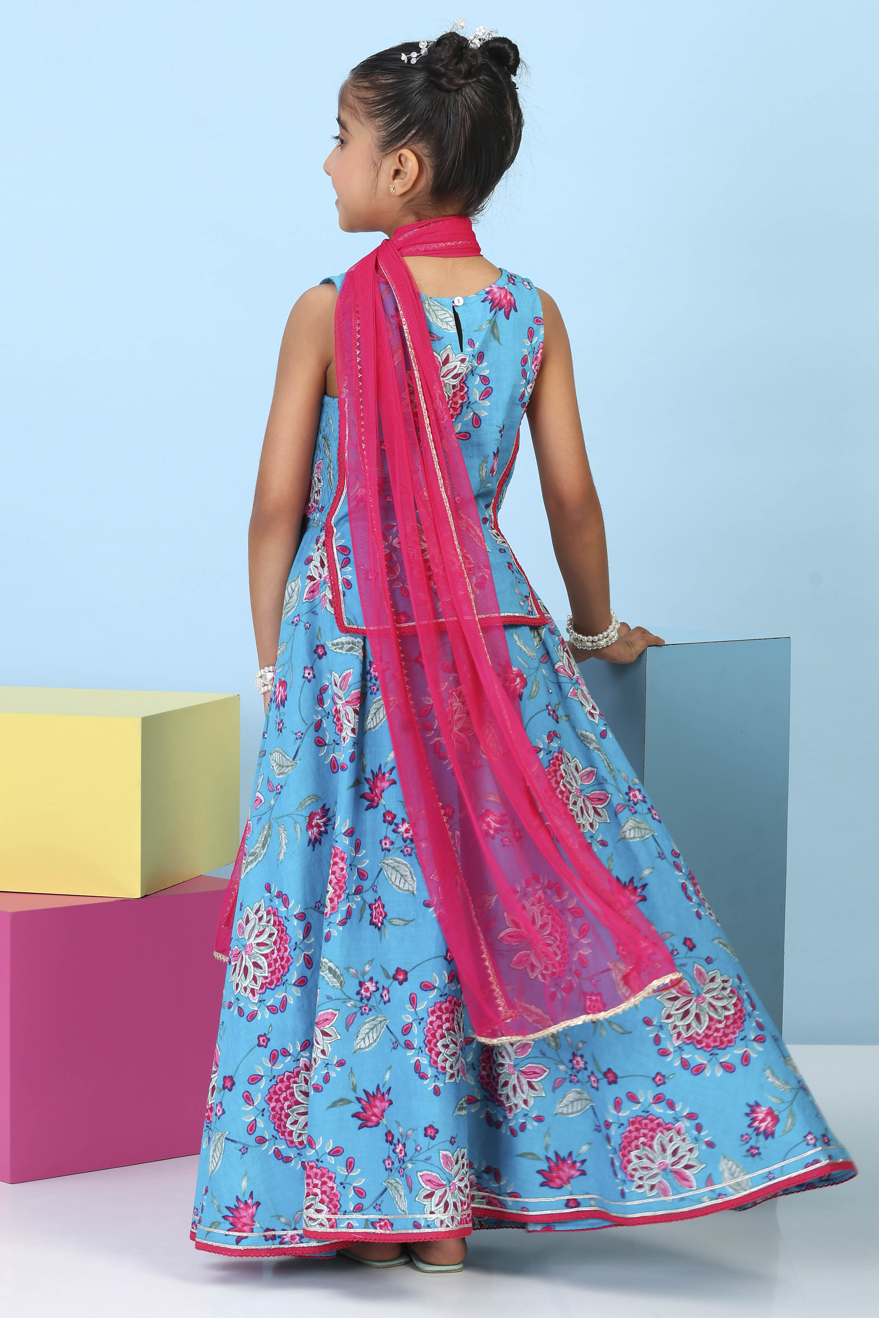 Turquoise Cotton Printed Straight Lehenga Set image number 5
