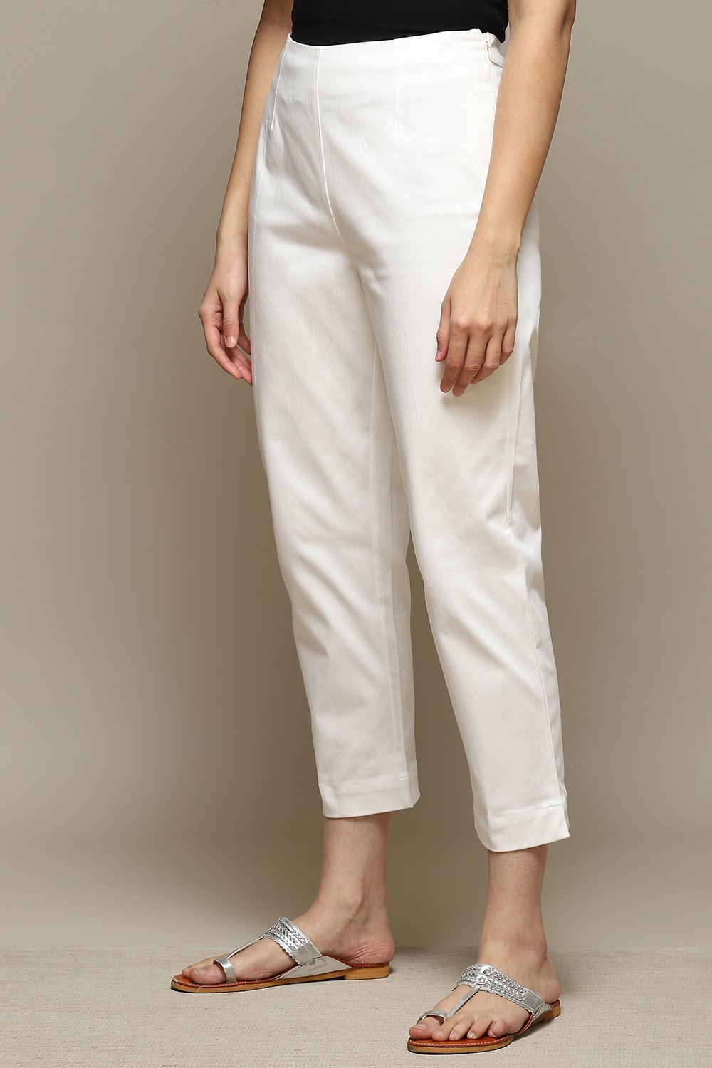 Beige Cotton Blend Slim Pant image number 2