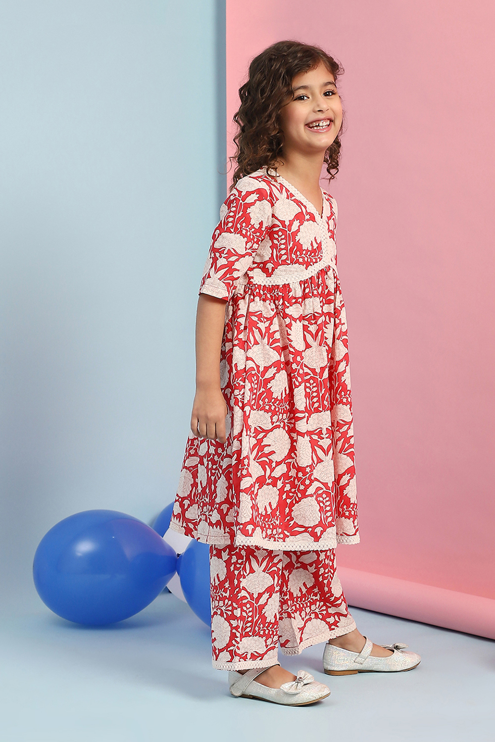 Pink Cotton Printed Gathered Suit Set image number 3