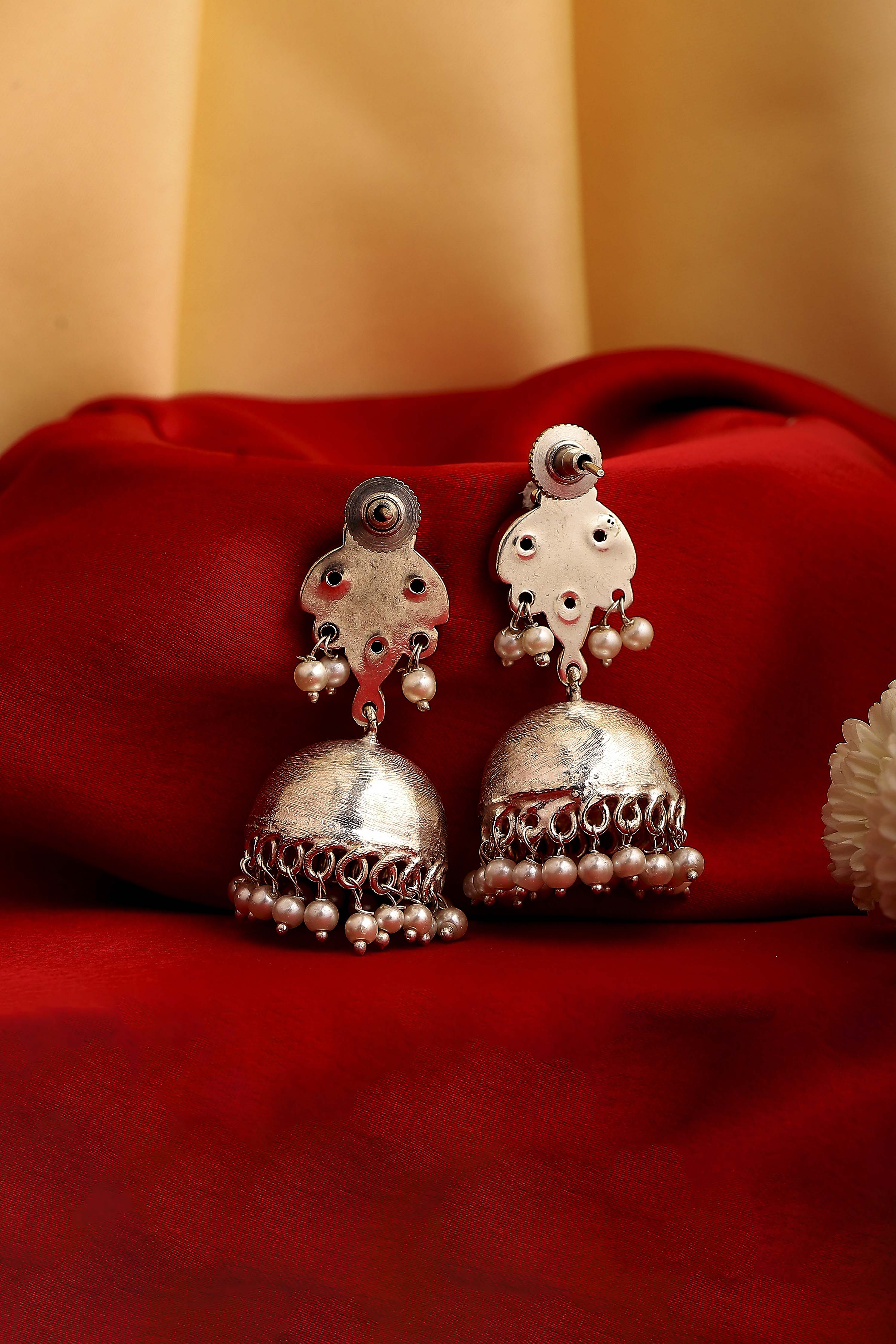 Silver Toned & Blue Oxidised Brass Studded Jhumkas image number 2