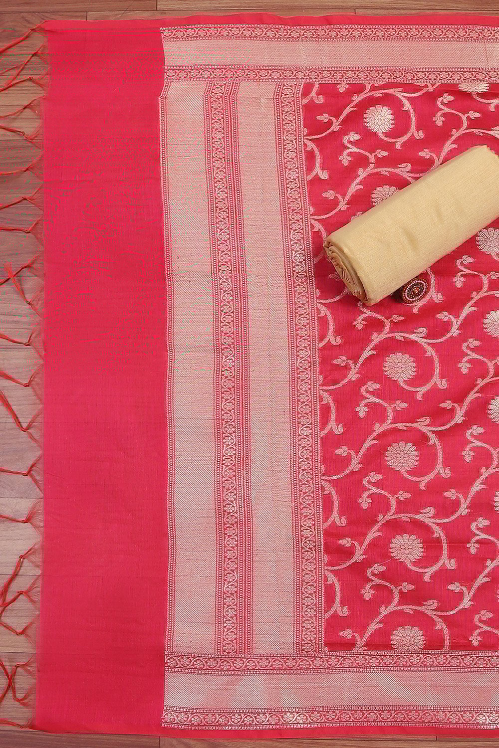 Fuchsia Chanderi Machine Embroidered Unstitched Suit Set image number 3