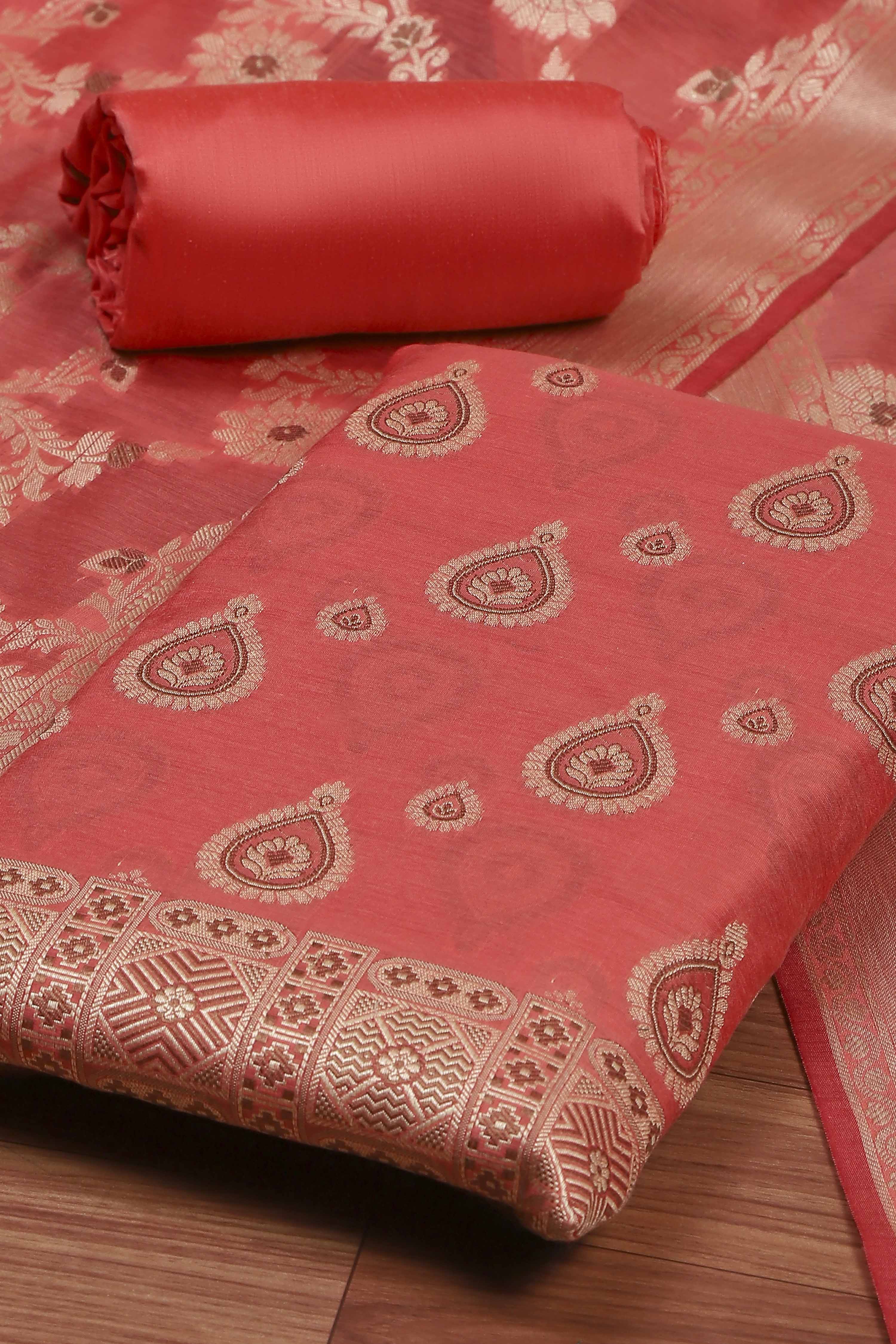Red Chanderi  Unstitched Suit Set image number 1