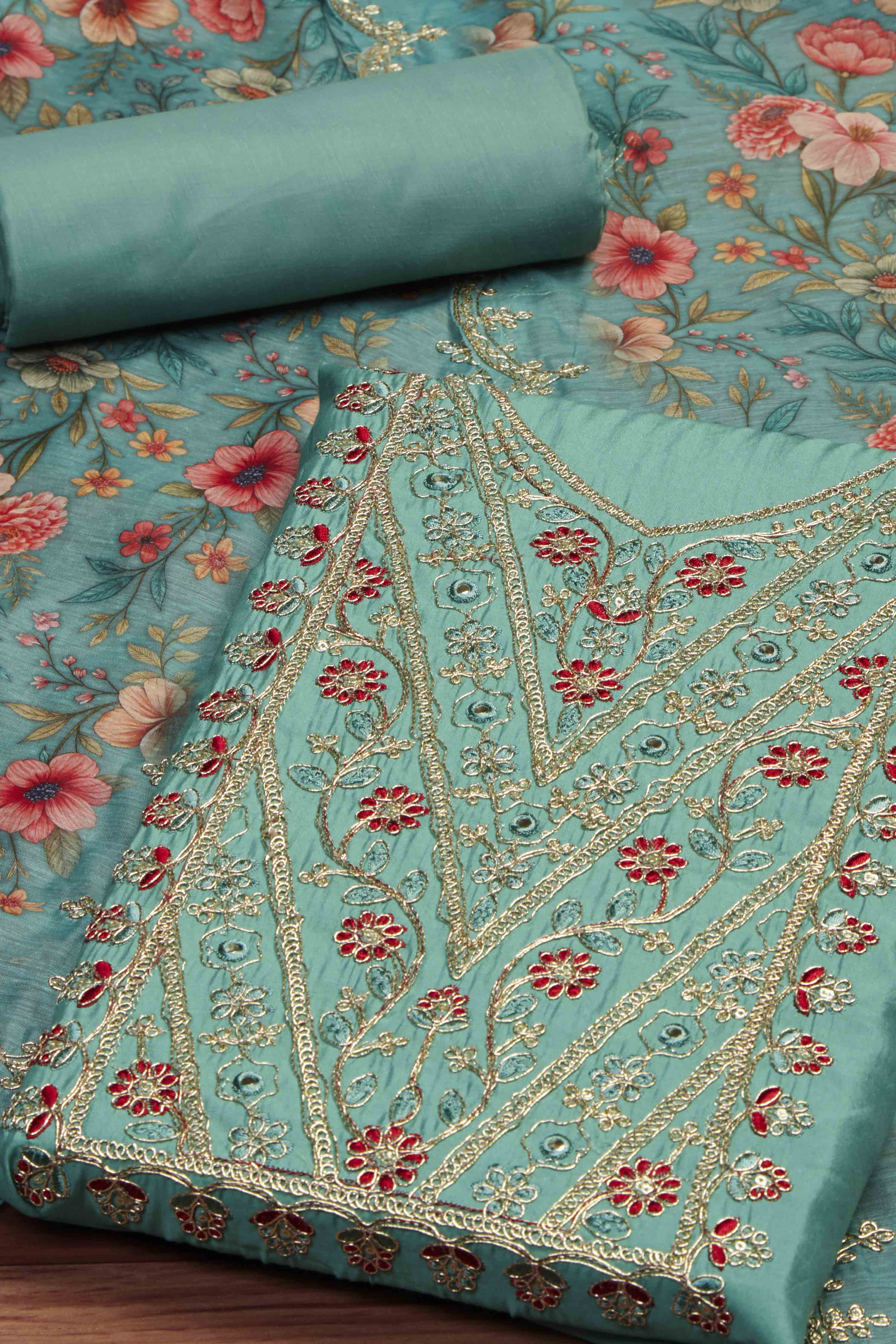 Teal Chanderi Unstitched Suit Set image number 1