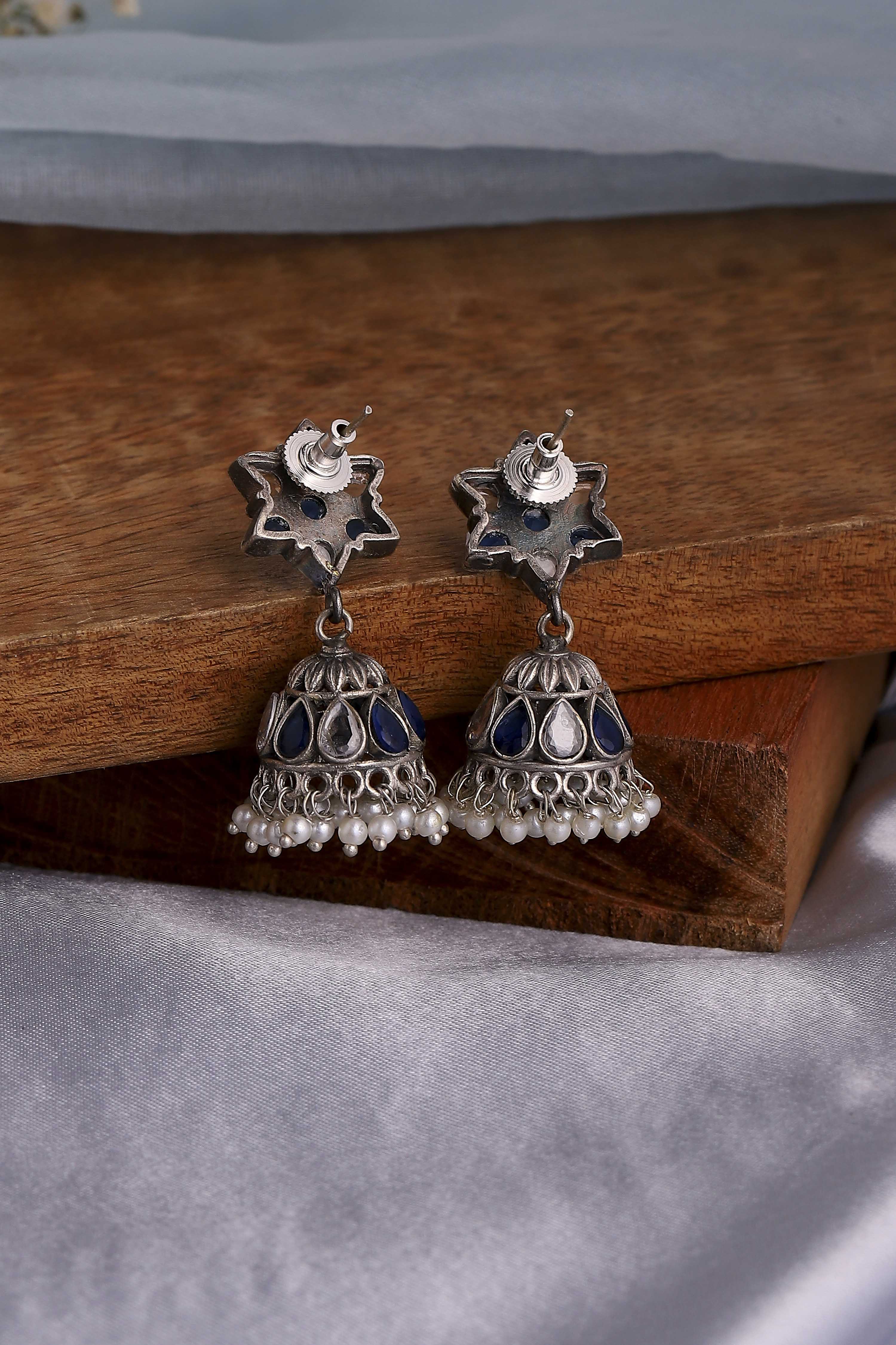 Navy White Brass Jhumkas image number 2