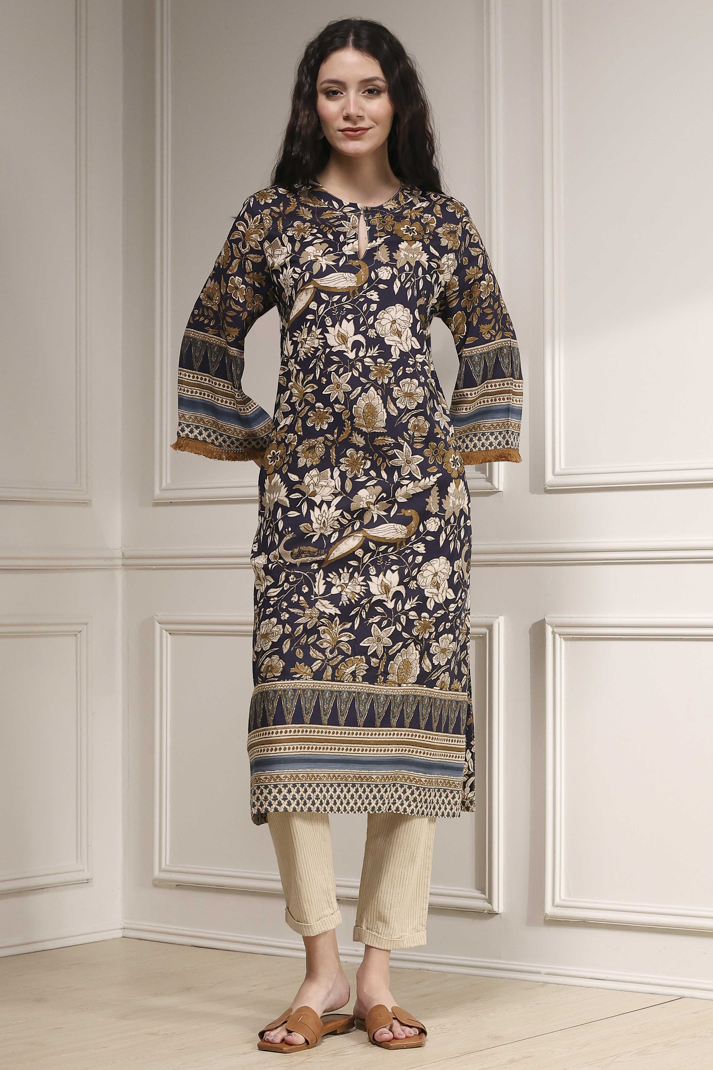 Navy Blue Printed Straight Kurta image number 5