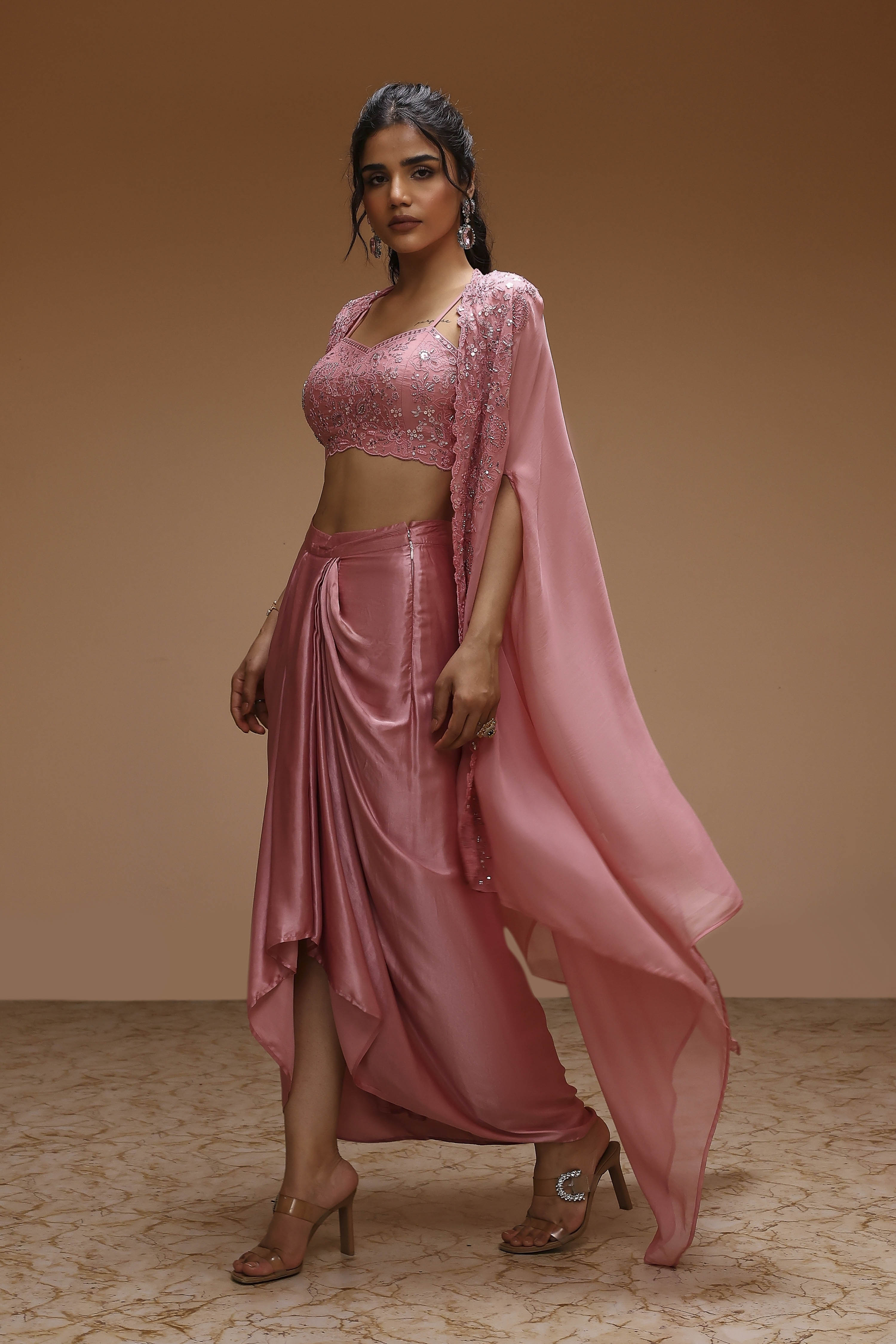 Rose Pink Viscose Organza Fusion Skirt Set image number 3