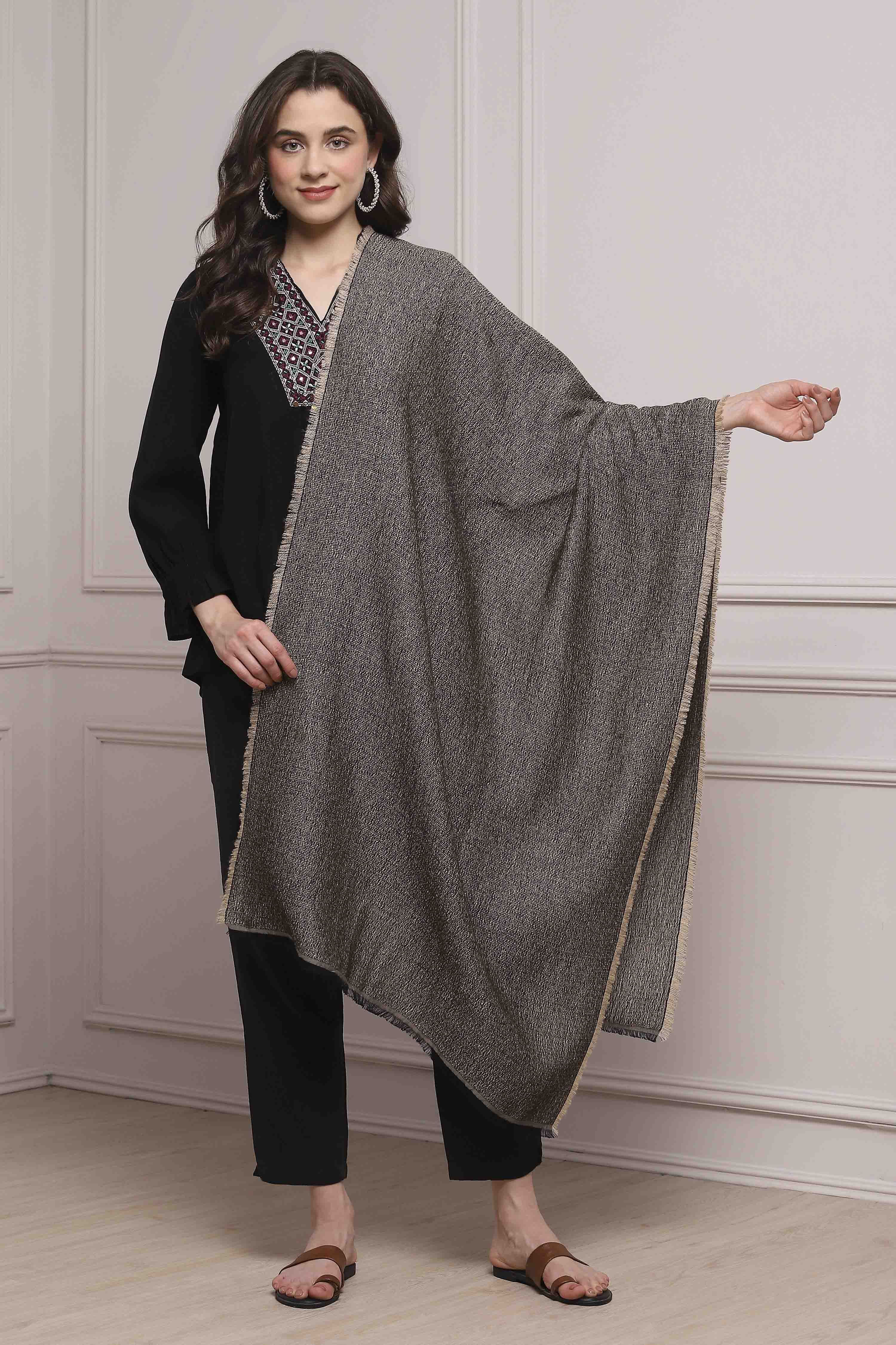 Beige Acrylic Yarndyed Stole image number 1