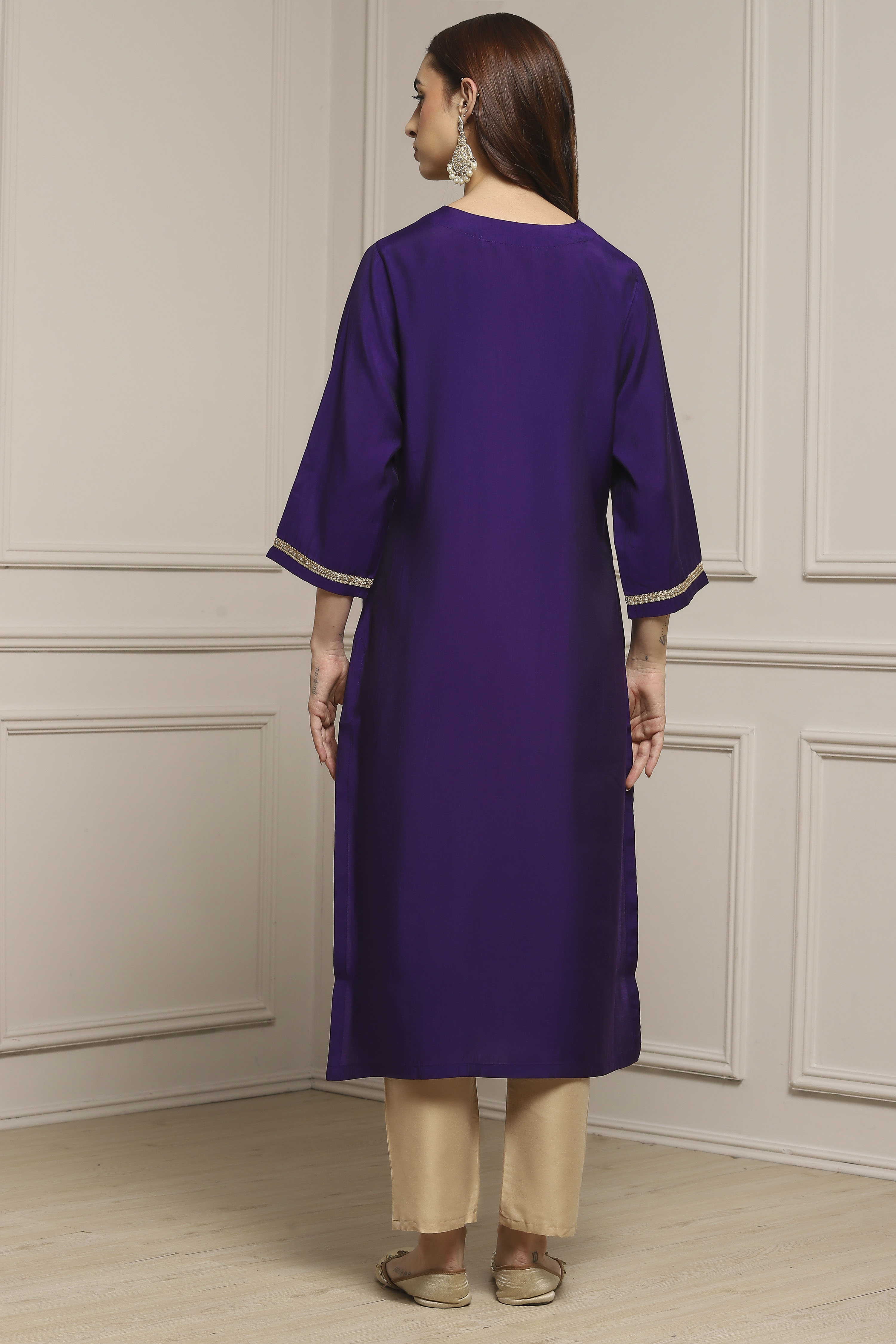 Purple Viscose Blend Straight Kurta image number 3