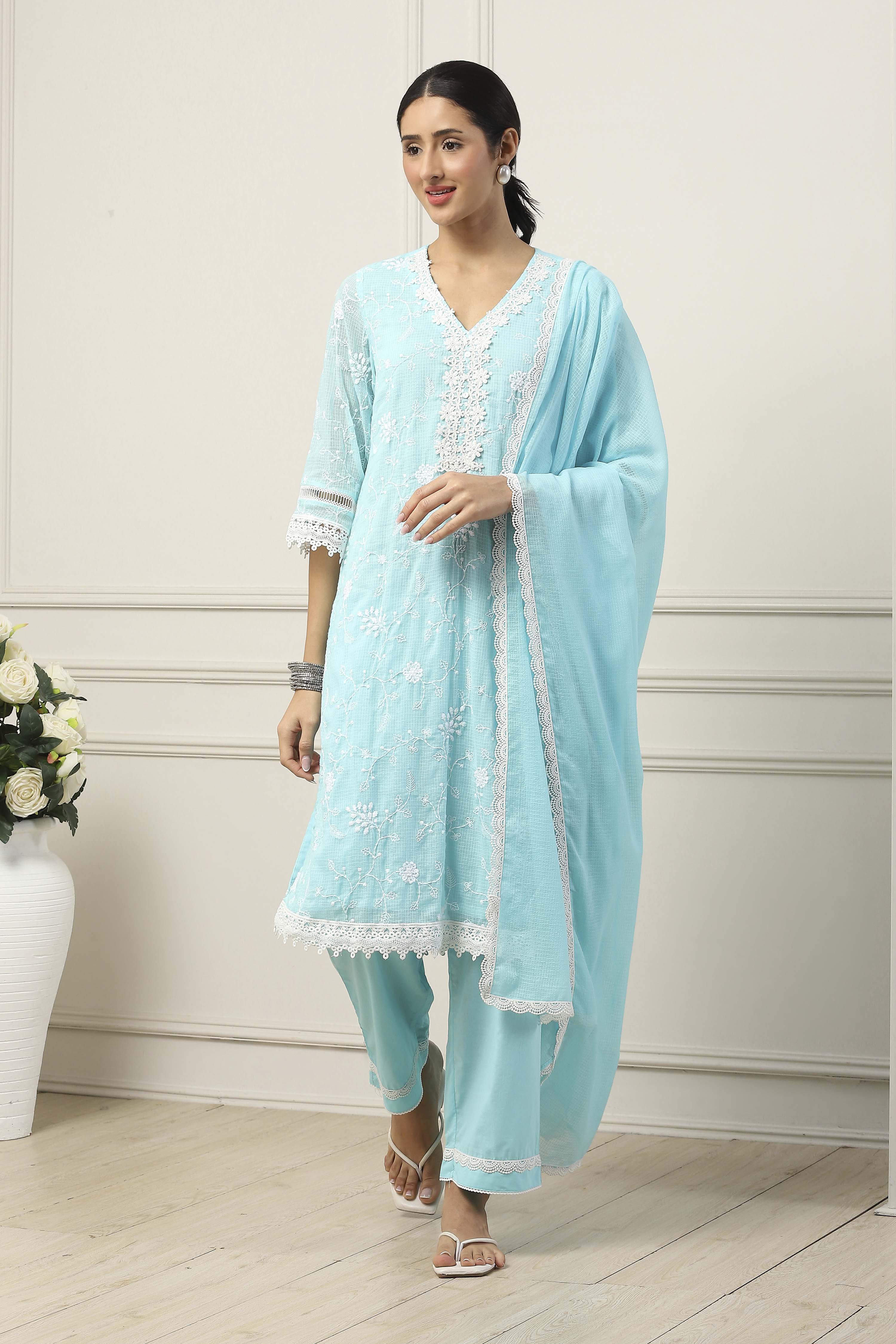 Sky Blue Cotton Floral Embroidered Straight Suit Set image number 6