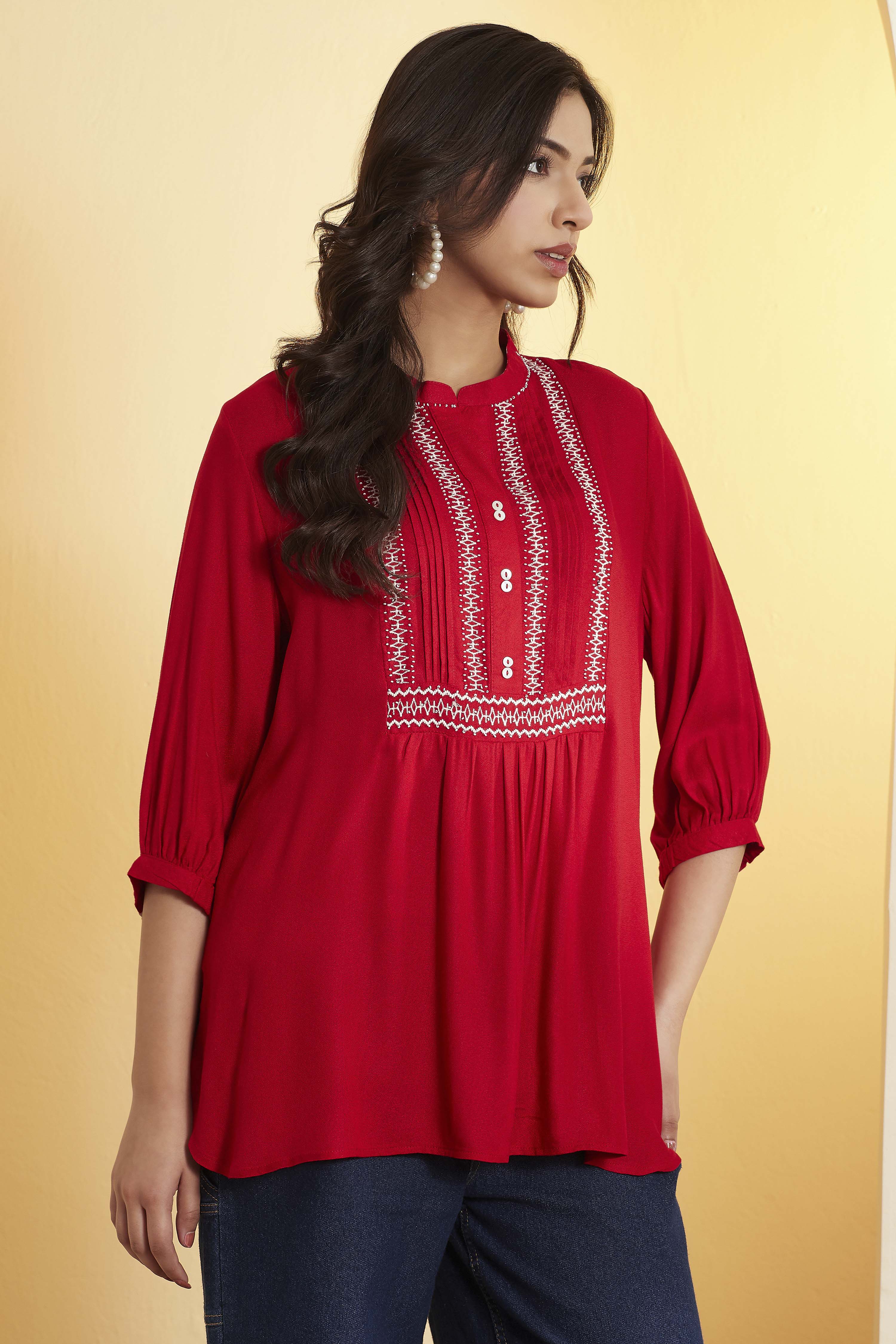 Red Viscose Rayon Embroidered Straight Kurti image number 3