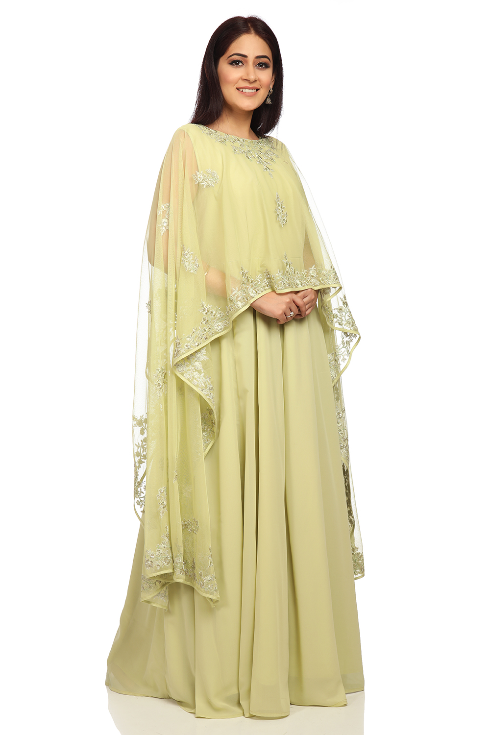 Mint Green Art Silk Cape Gown image number 2