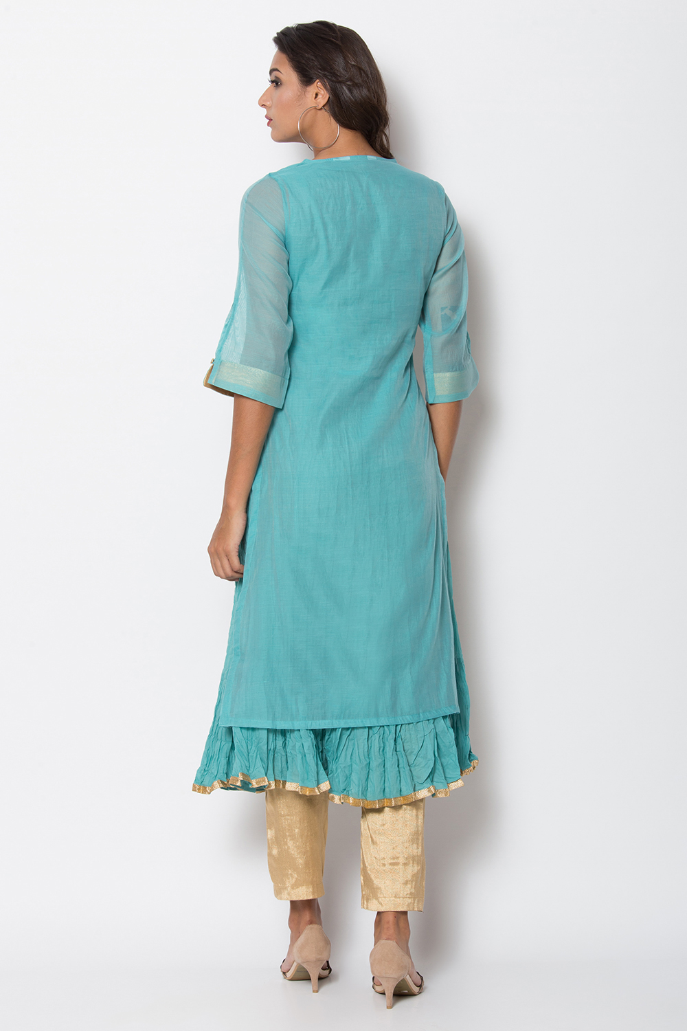 Peach Poly Metallic Cotton Flared Yarndyed Kurta image number 5
