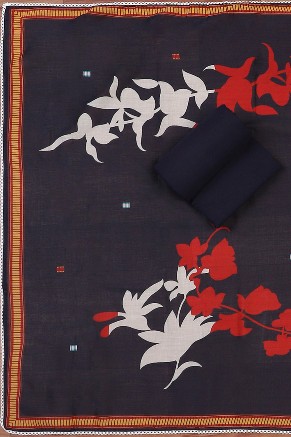Navy Blue Cotton Unstitched Suit Set image number 2