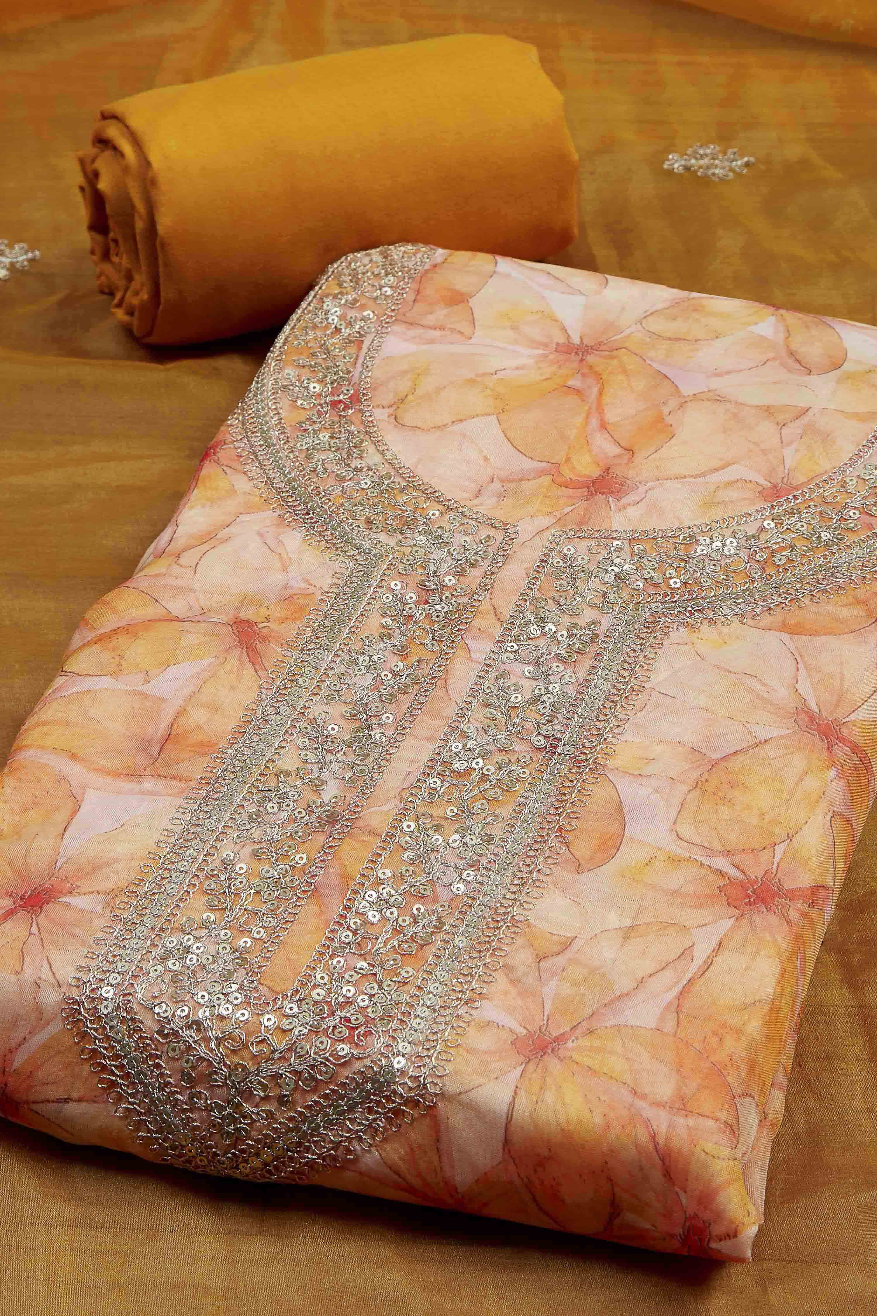 Old-Rose Organza Rajasthani Print Unstitched Suit Set image number 1